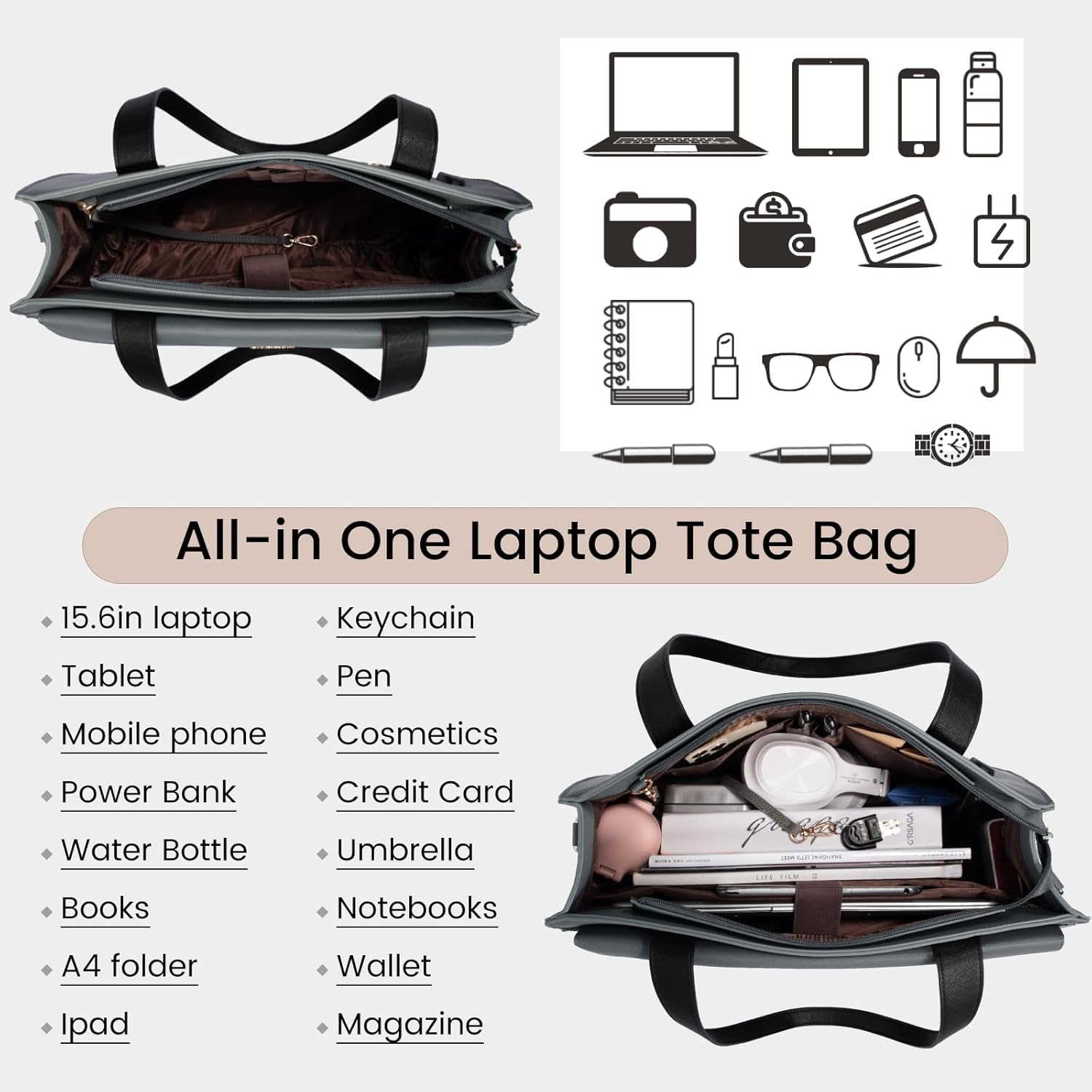 Thumbnail 2 de LOVEVOOK Sac Cabas Femme: Grand Sac à Main PU Imperméable pour Laptop 15,6" (Gris)