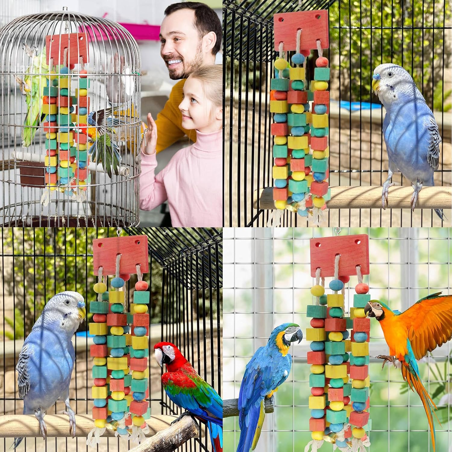 Thumbnail 6 de MQUPIN Hanging Wooden Block Chewing Parrot Toy – Multicoloured Cage Bite for Parakeet, Budgie, Cockatiel, African Grey