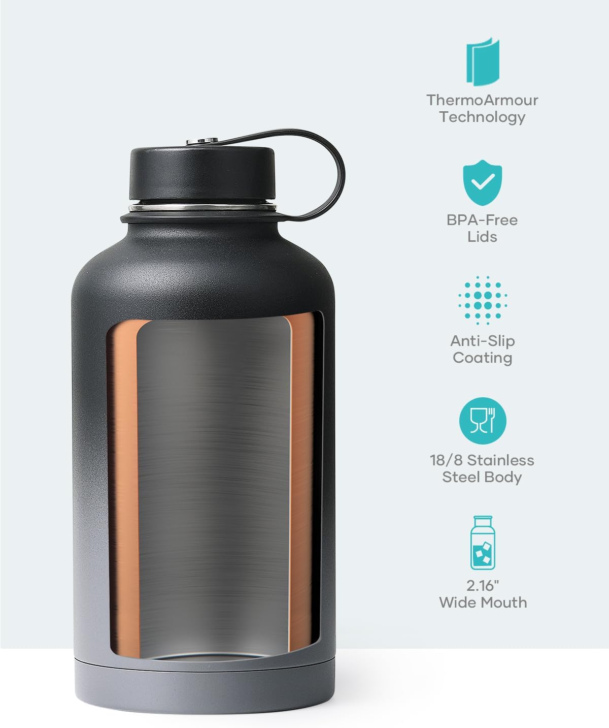 Detalle 2 de Buzio 2L Stainless Steel Water Bottle with Straw Lid & Flex Cap (Black & Grey) – Double Wall Insulated