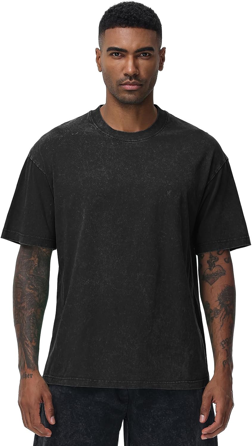 Detalle de SnowElve Men’s Oversized Cotton T-Shirts Loose Fit Vintage Washed Tee (Unisex Short Sleeve)