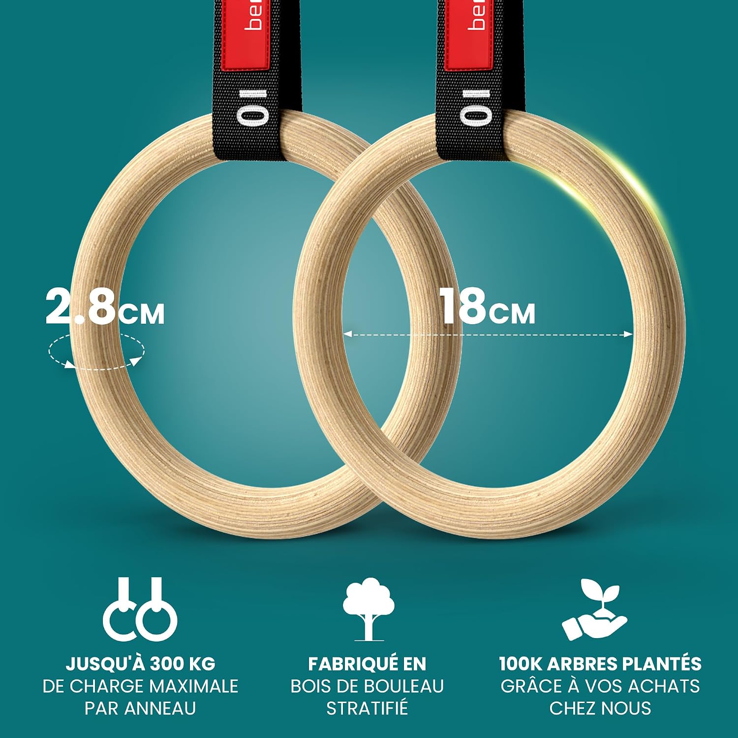 Detalle de BeMaxx Anneaux de Gymnastique en Bois + Support Porte & Livre d’Exercices – Set Gymnaste et Sangle de Sécurité Graduées