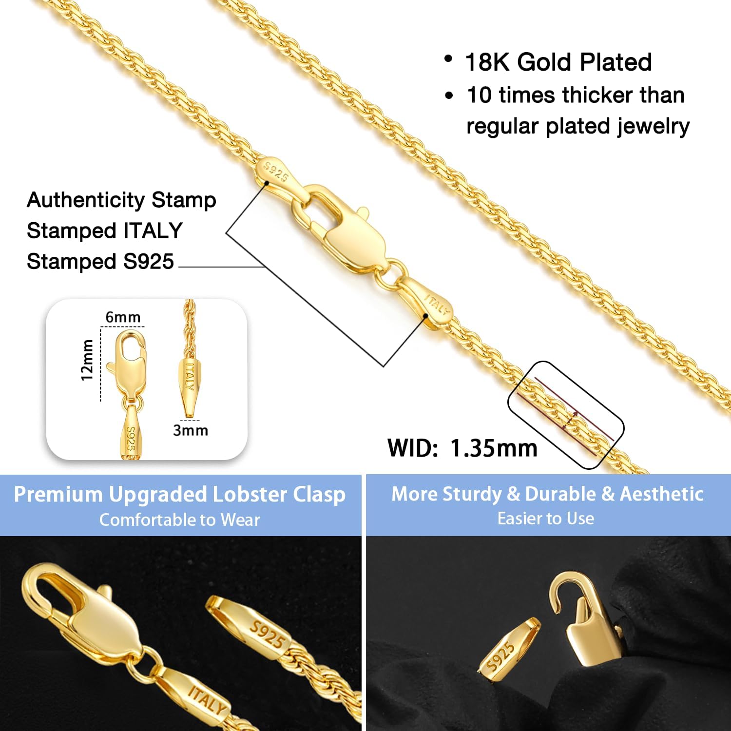 Detalle de Jewlpire Rope Chain Necklace, 925 Sterling Silver