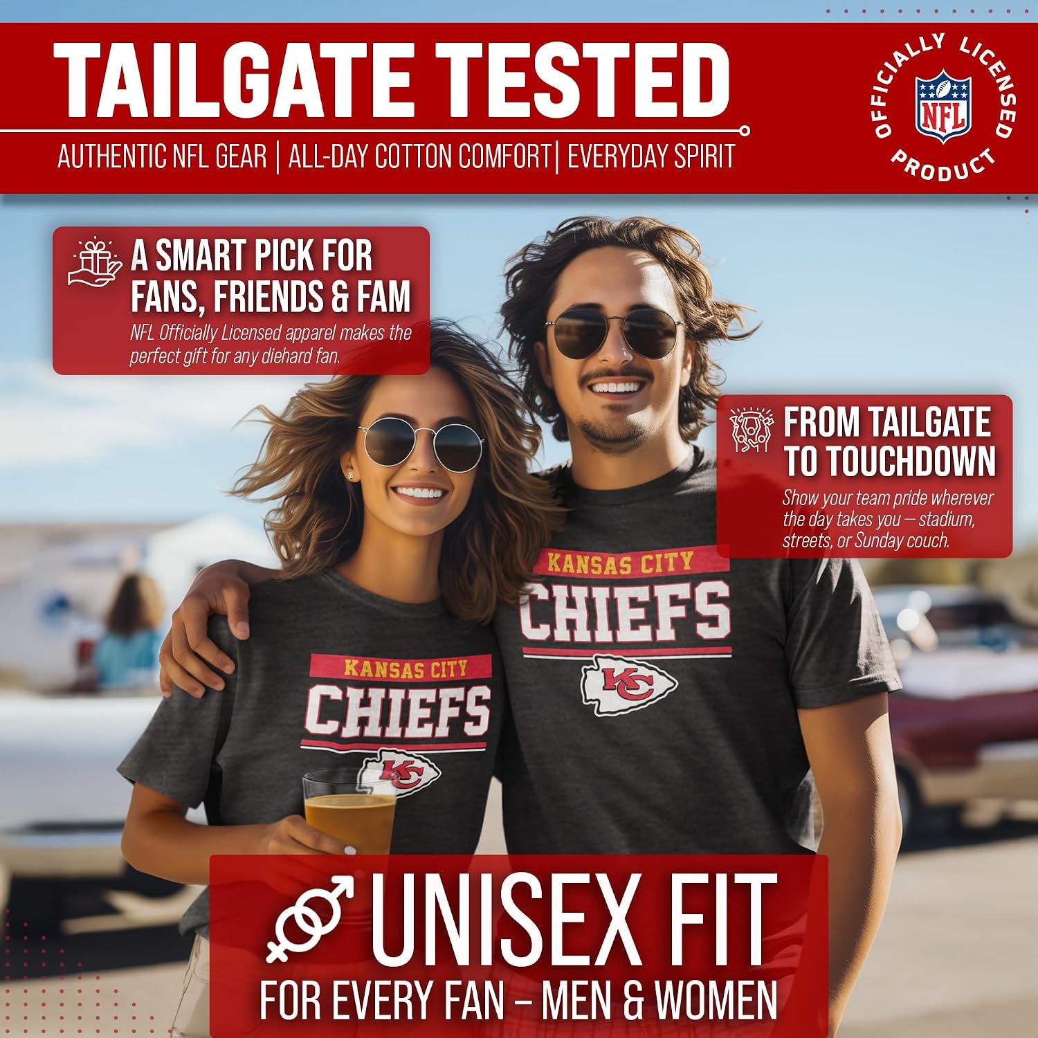 Detalle 1 de Team Fan Apparel 3001_teamblk Chiefs T-Shirt, Charcoal, Tagless Cotton Blend