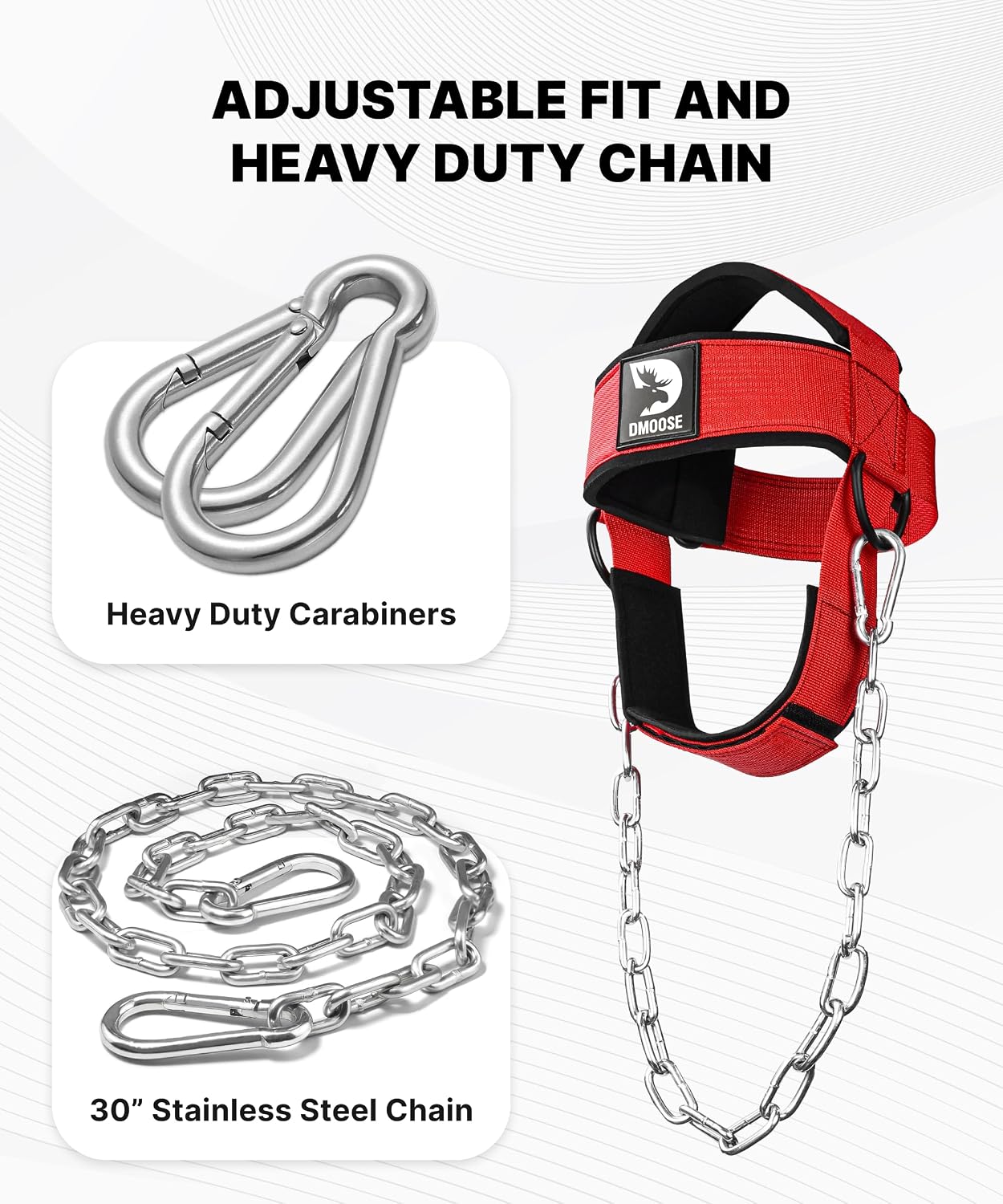 Detalle de DMoose Fitness Neck Harness for Weight Lifting with adjustable head & chin strap and steel chain