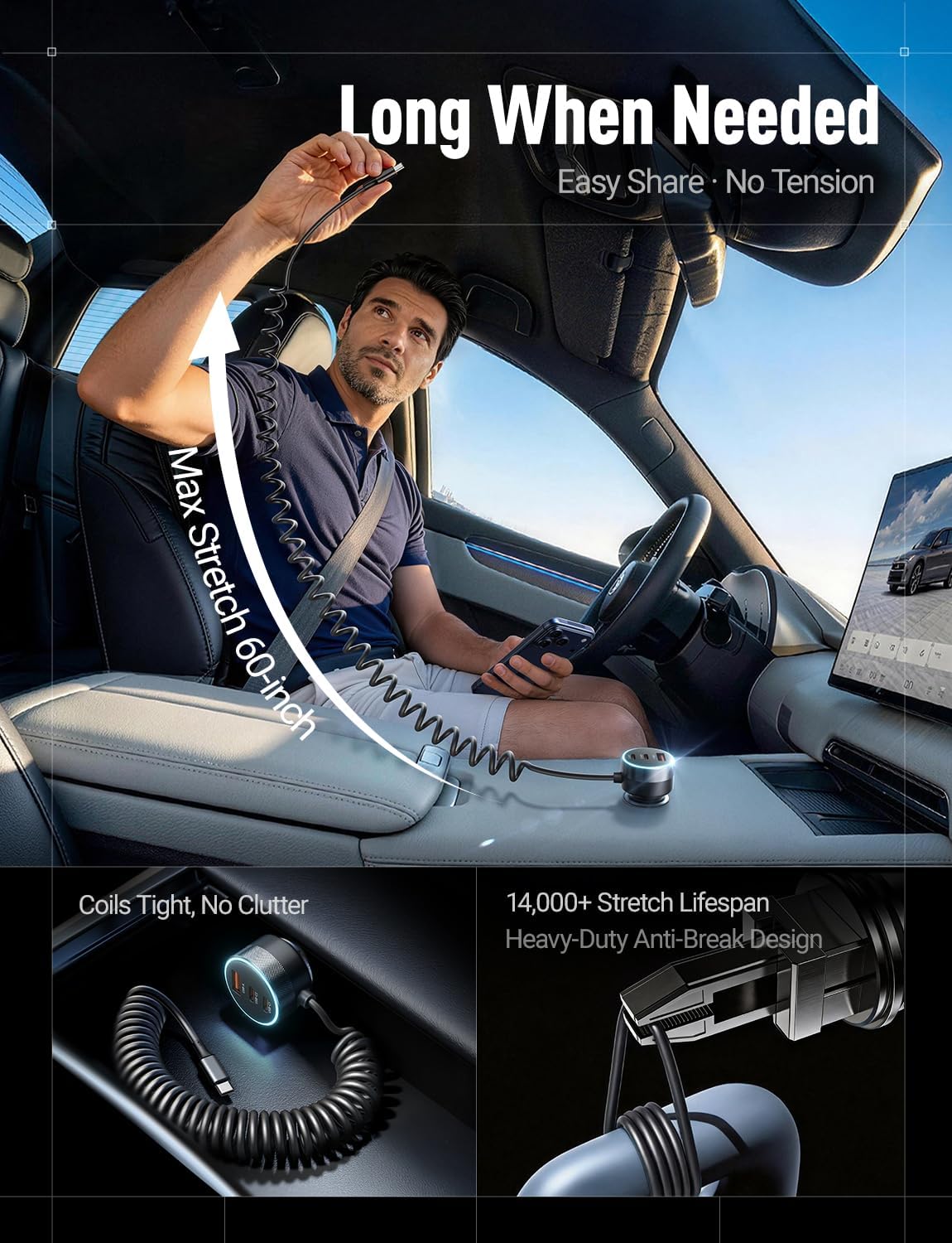 Detalle de LISEN 4 in 1 USB Car Charger with 90W Fast Charge (2× USB-C 45W, USB-A 30W) and 1.3m Retractable Cable