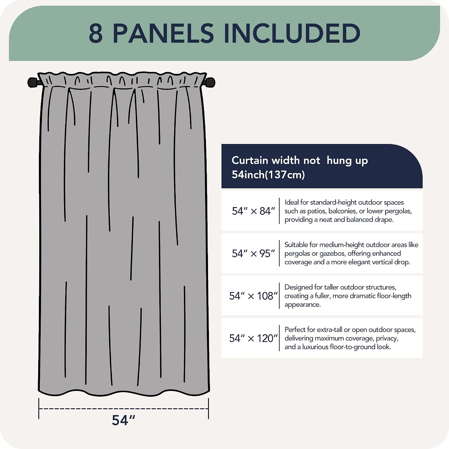 Detalle 2 de RichSets Outdoor Curtains, 8 Panels, Waterproof Navy Polyester, 54 x 84 Inch