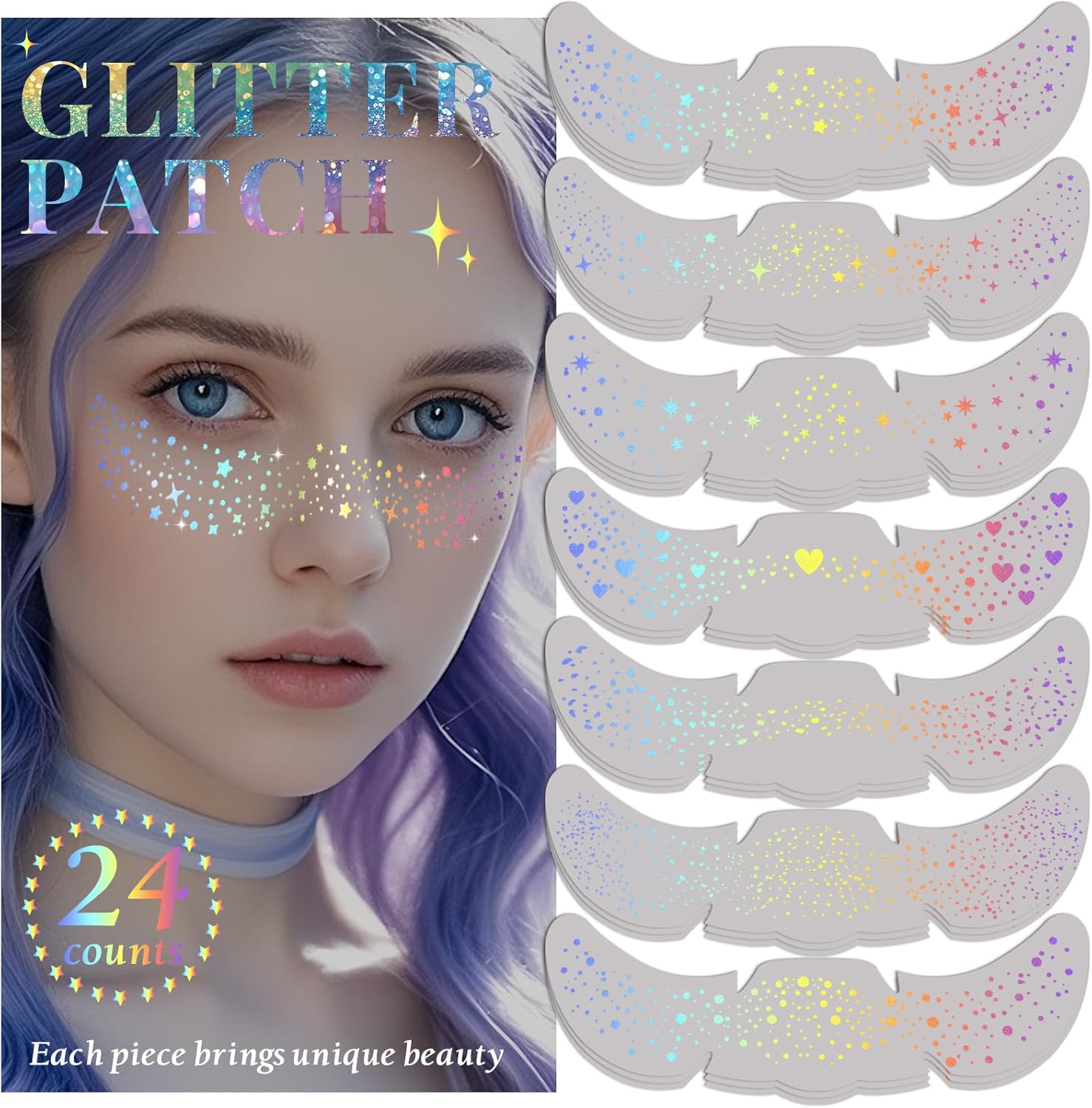 Detalle de 24pcs Glitter Freckles Makeup Patches – Holographic Multicolor Face Glitter Speckles