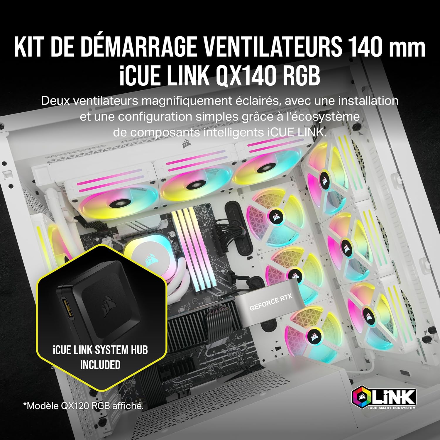 Thumbnail 1 de Corsair iCUE Link QX140 RGB à dôme magnétique 140 mm (kit double ventilateurs + hub) en blanc
