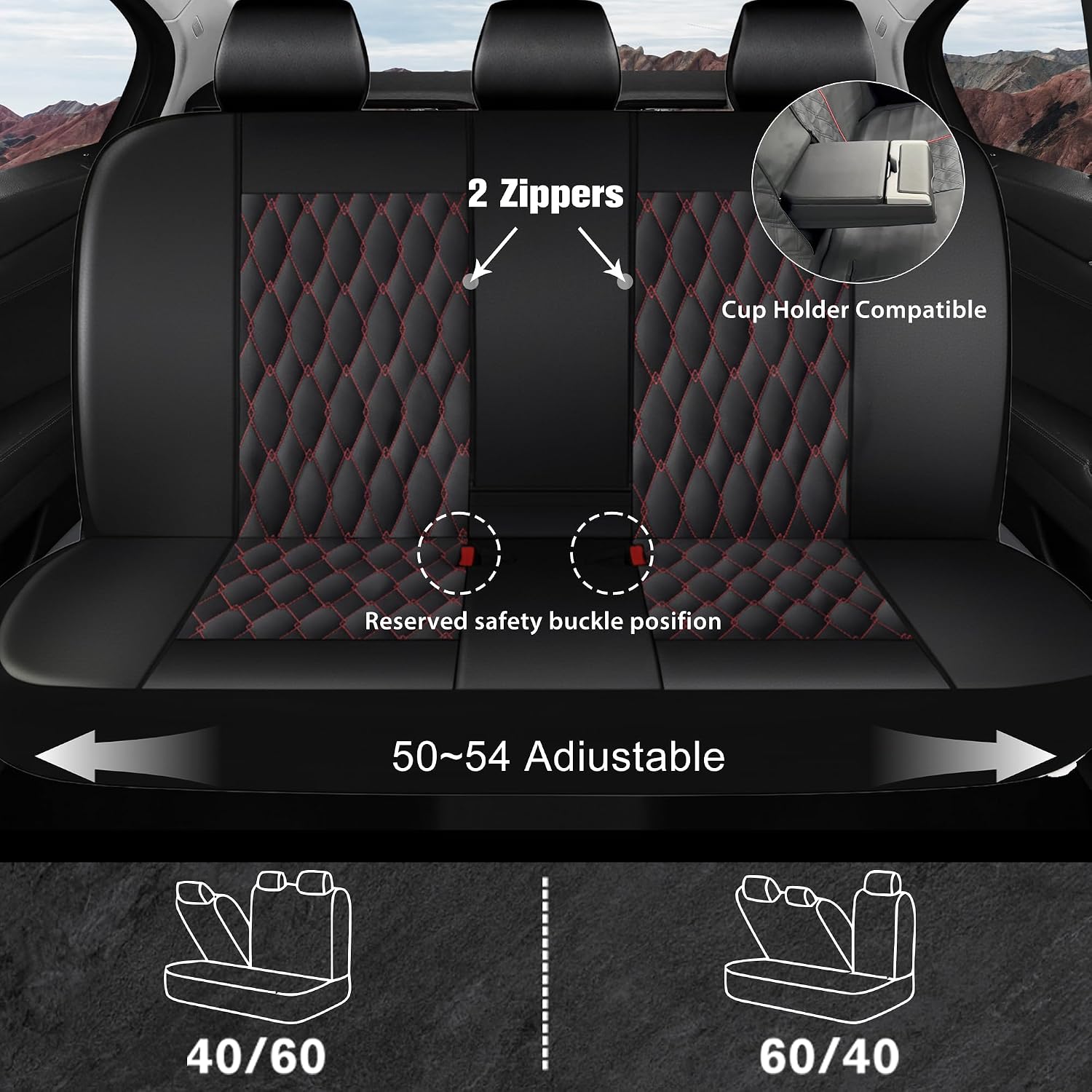Detalle de CAROMOP Faux Leather Car Seat Covers Full Set (Split Bench Compatible, Airbag Compatible) — 5-Seat Black/Red