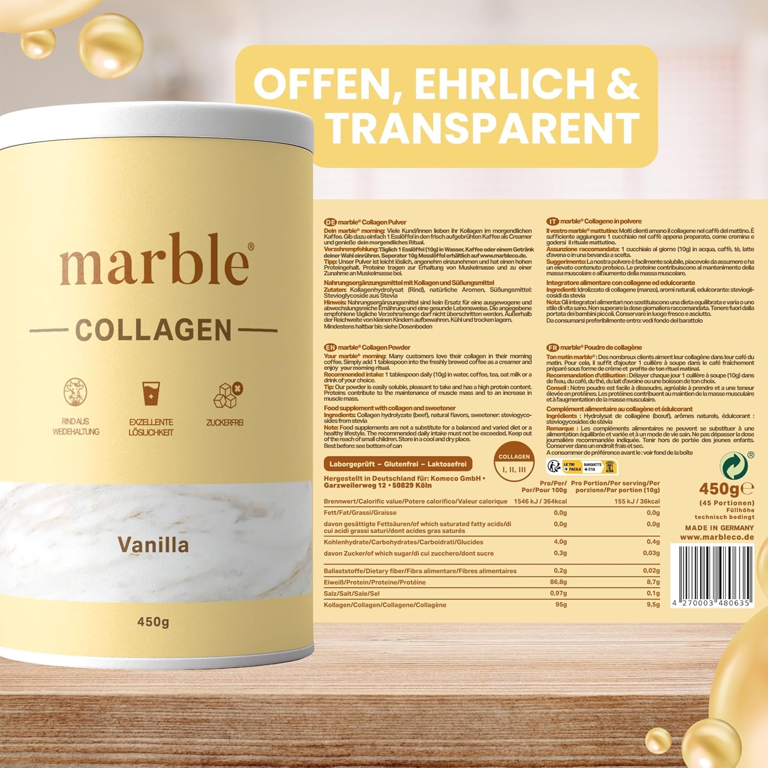 Thumbnail 2 de marble® Collagen Pulver 450 g mit Vanille-Aroma (Collagenpeptide) – praktische Pappdose