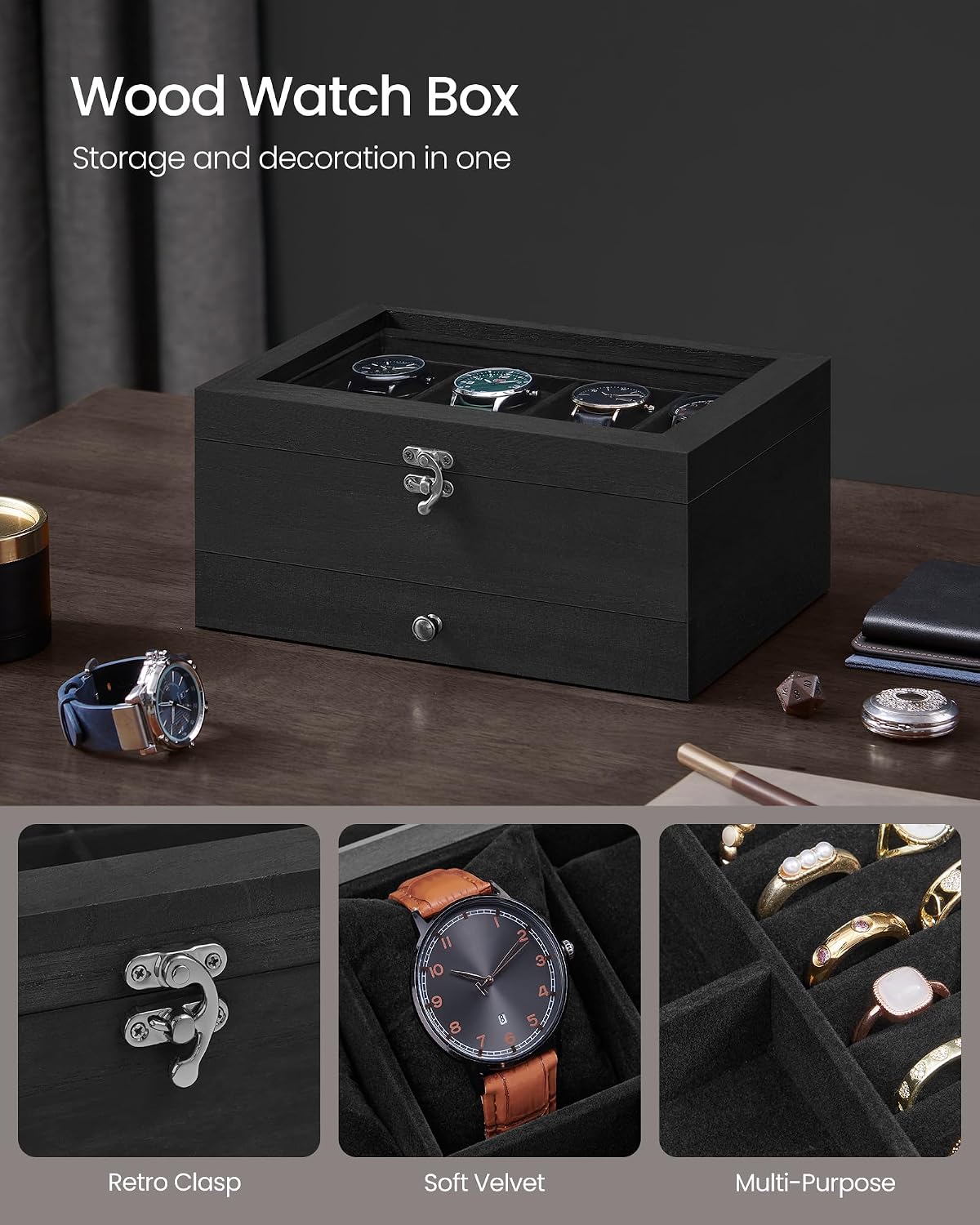 Detalle de SONGMICS Anicia JOW008B02 2-Tier Watch Box, 8 Slots and Glass Lid