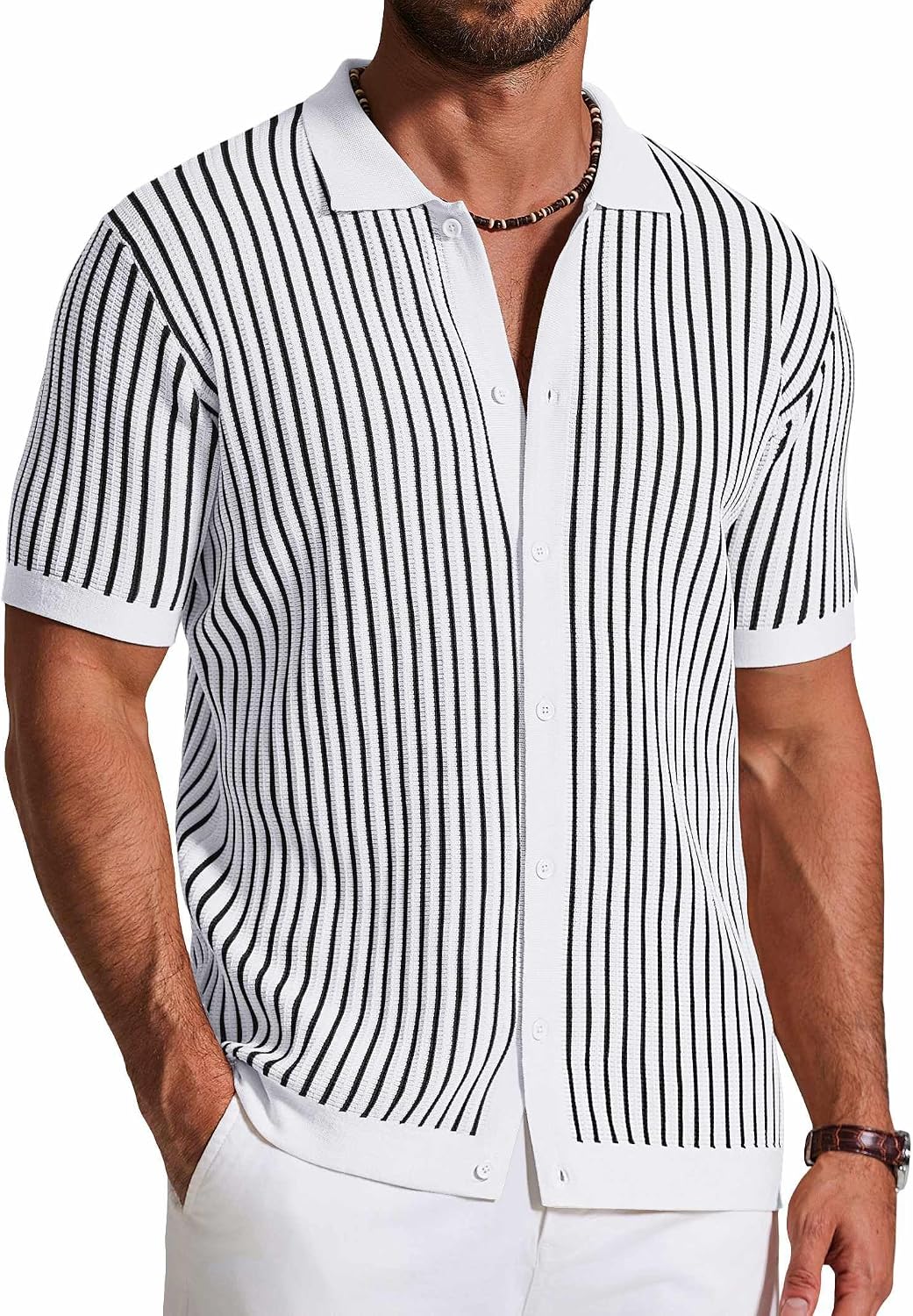 Thumbnail 6 de COOFANDY Men’s Knit Button Down Short Sleeve Polo Shirt with Vintage Stripes