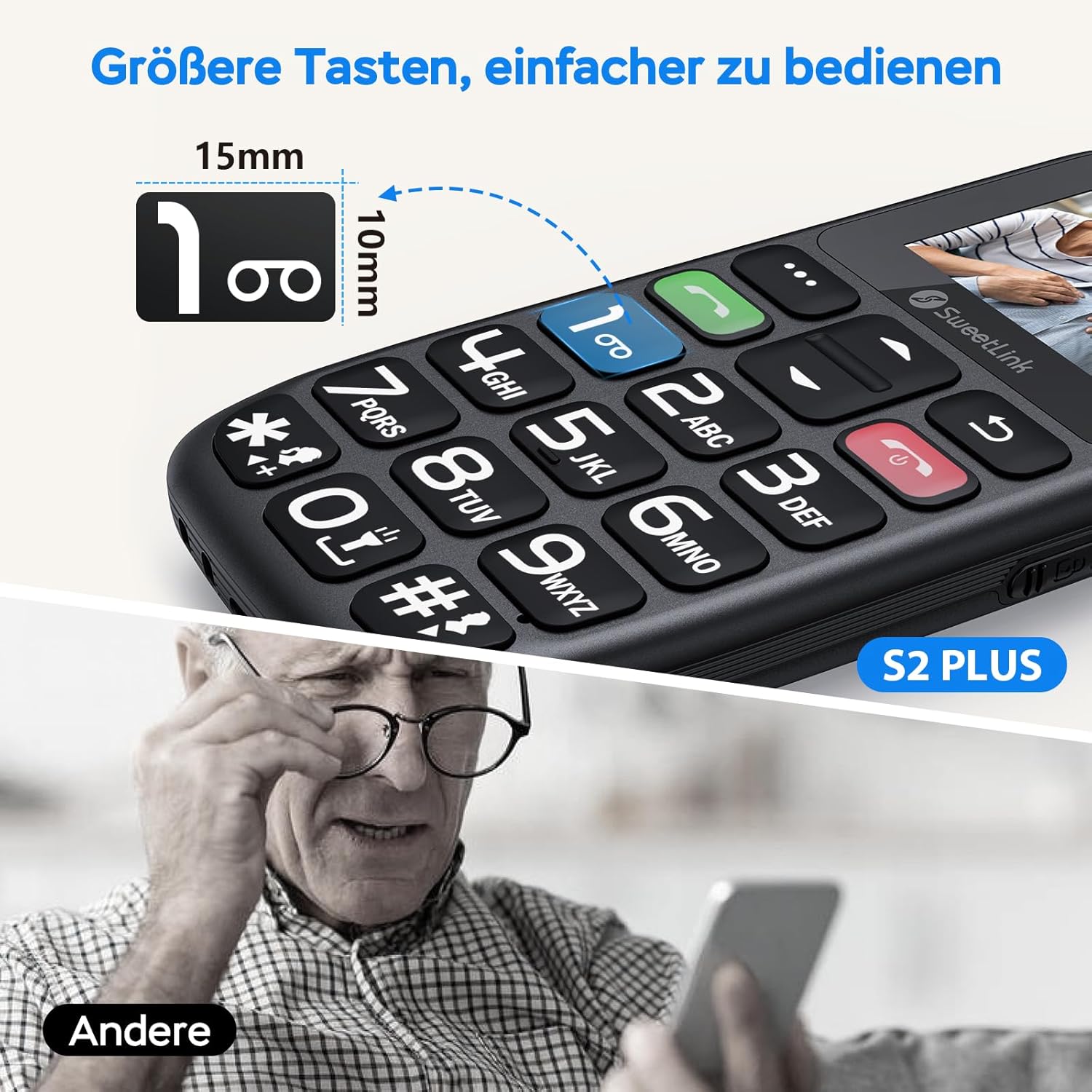 Thumbnail 1 de SweetLink S2PLUS Seniorenhandy ohne Vertrag (Dual SIM, SOS-Notruftaste, 1,77" Großtasten-Display)