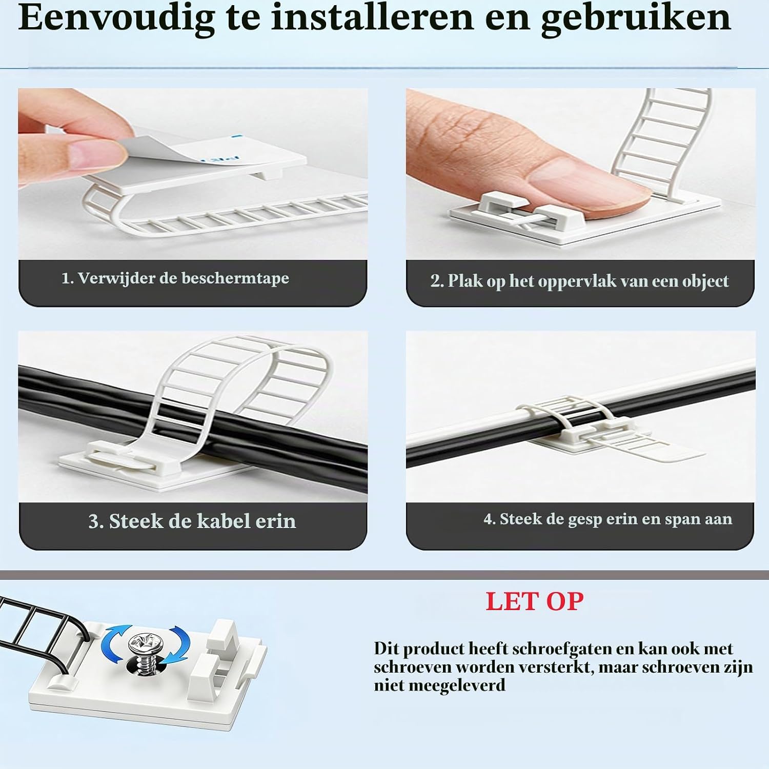 Detalle de KLJ CL3 zelfklevende kabelclips, wit, verstelbaar en herbruikbaar, 50 stuks