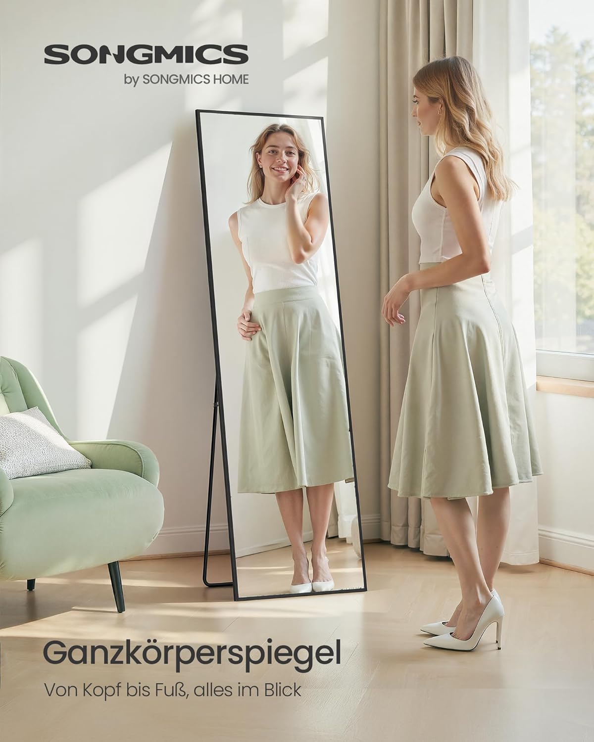 Thumbnail 1 de SONGMICS Ganzkörperspiegel 150 x 40 cm – rechteckiger Standspiegel mit Aluminiumrahmen, Hartglas, tintenschwarz
