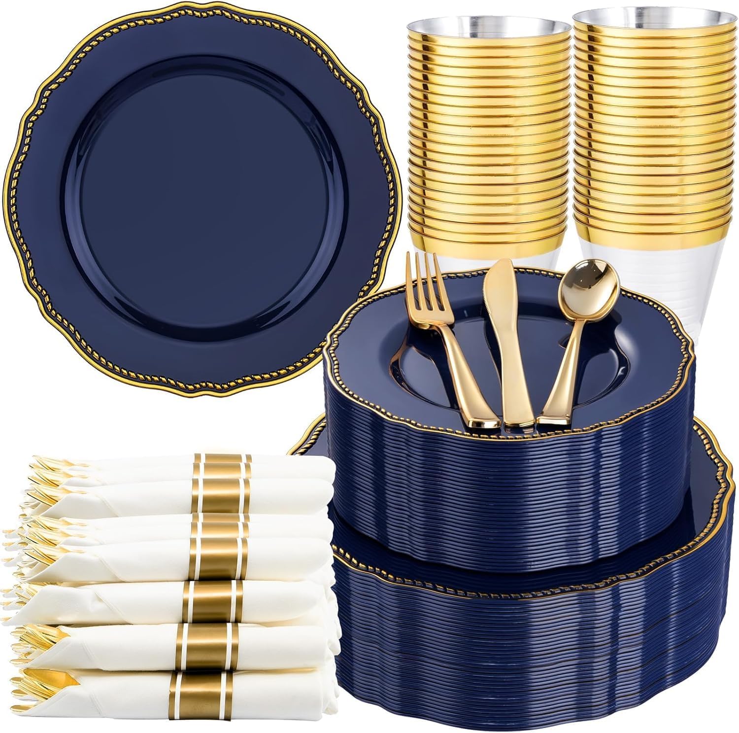 Detalle de Hioasis 350pcs Blue and Gold Plastic Plates Set for Weddings and Events