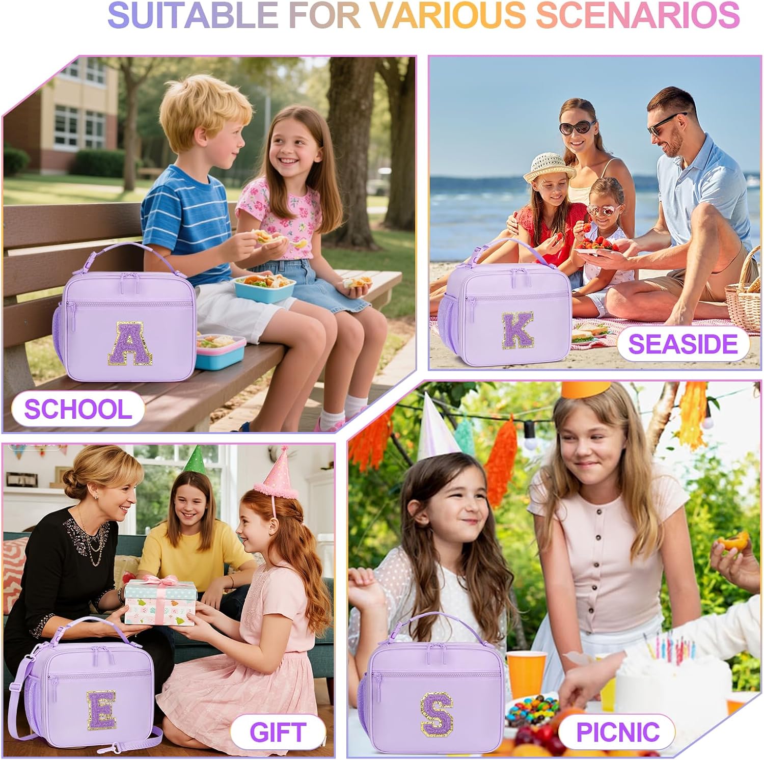 Thumbnail 6 de CLOUDWINGS Kids Initial Lunch Bag: Reusable Insulated Lunch Box for Girls – Purple-B
