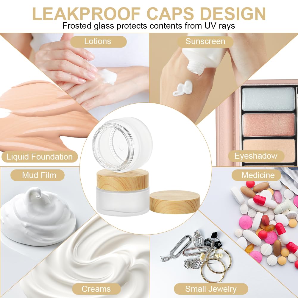 Detalle 2 de HOTUT Glas Leerdose Set – 6 Cremedosen zum Befüllen, 60 g Fassungsvermögen, UV‑Schutzglas mit Holzmaserung Deckel