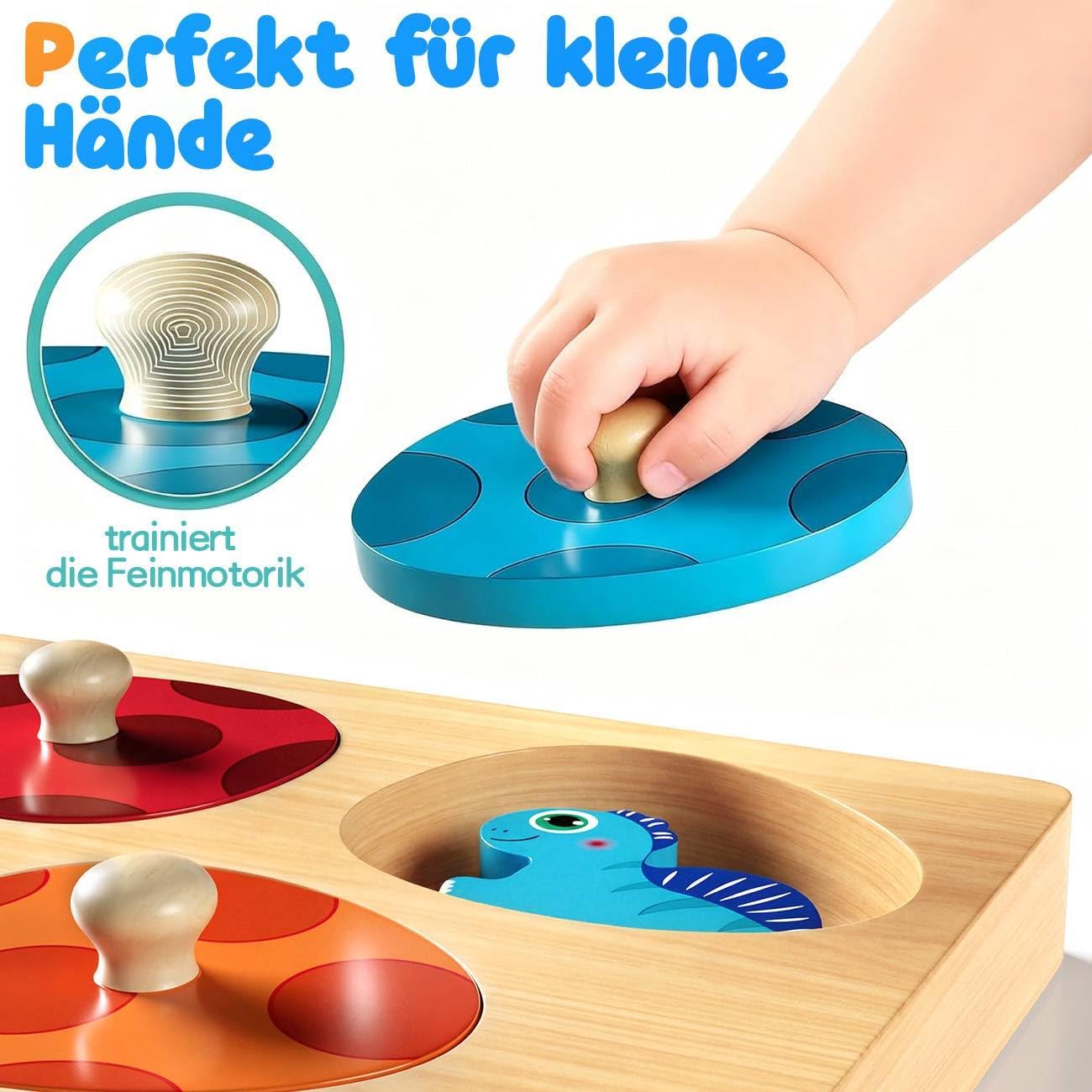 Detalle de Montessori Greifpuzzle ab 1 Jahr mit Dinosauriern und Tier-Eiern (Holzspielzeug, bunt) – Steck- & Sortierspiel für 12–36 Monate
