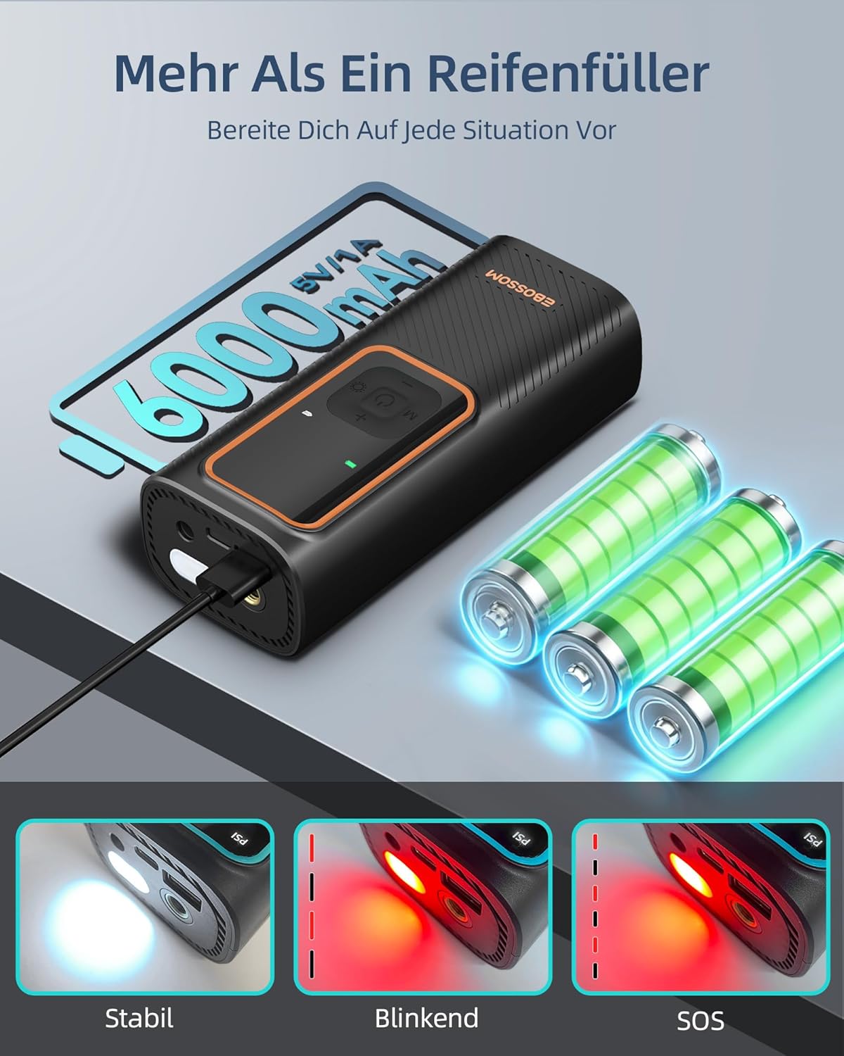 Detalle de EBOSSOM Mini Luftkompressor 10 bar mit 6000 mAh Akku – tragbare Luftpumpe für Auto, Motorrad & Fahrrad