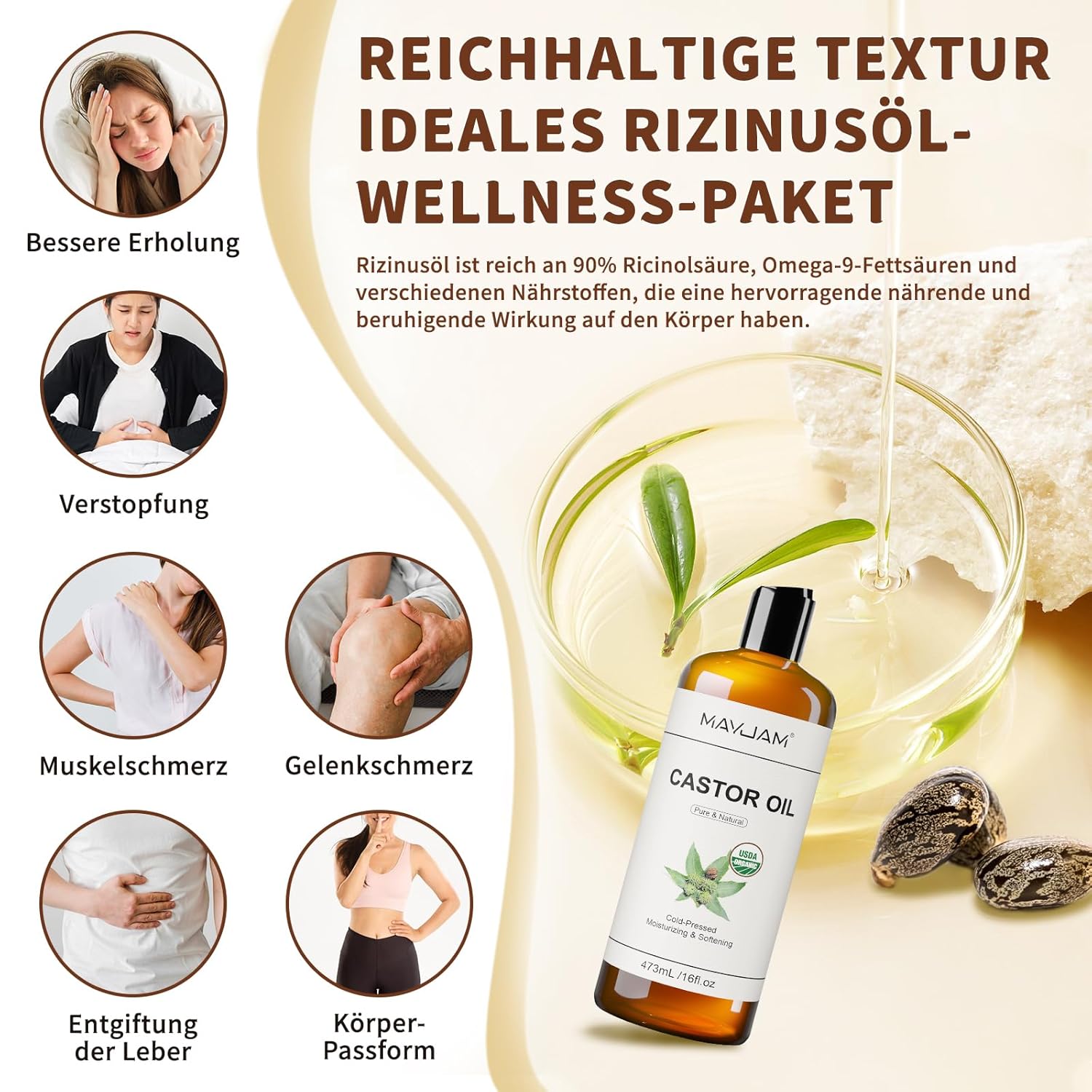 Detalle 2 de MAYJAM Bio Rizinusöl kaltgepresst 100% rein, 473 ml – Haaröl, Wimpern- und Augenbrauenpflege
