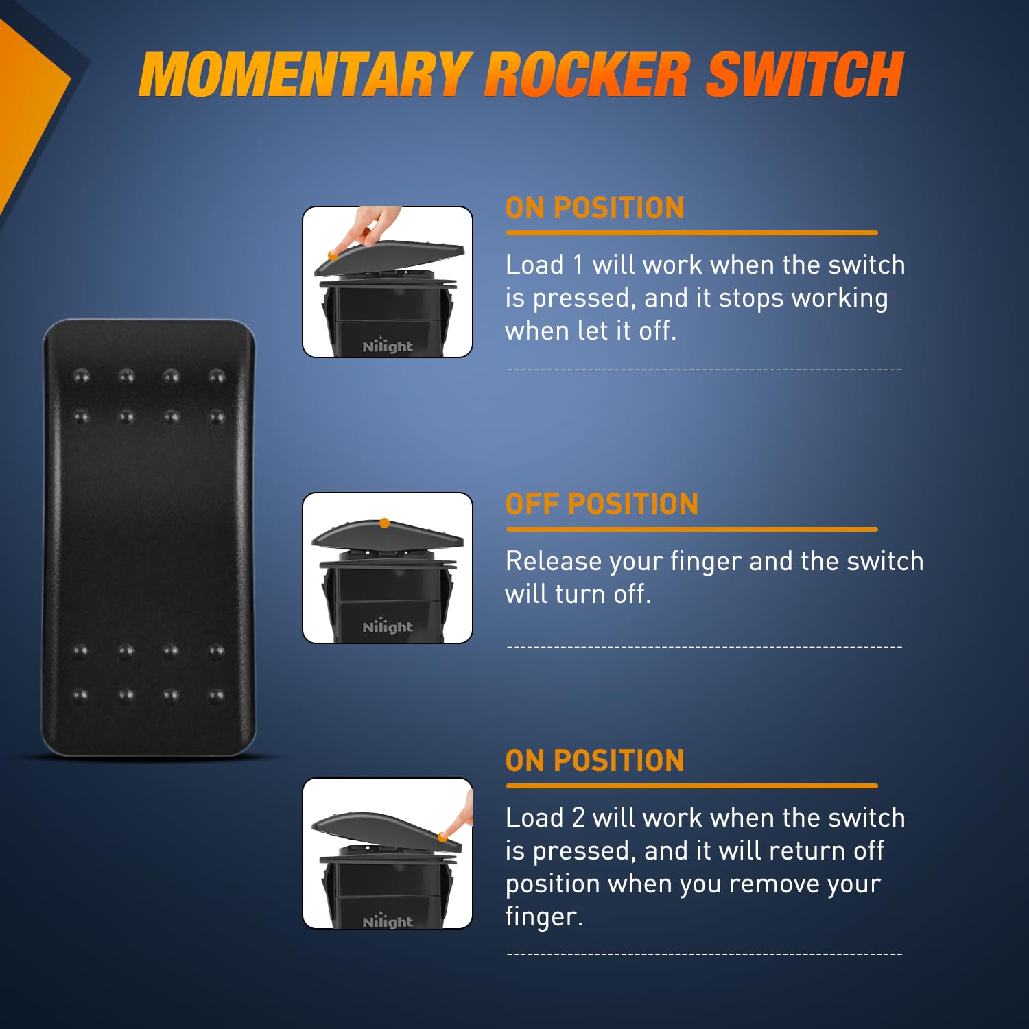 Detalle de Nilight 2-Pack 6-Pin Waterproof Momentary Rocker Switches (ON)-Off-(ON) DPDT