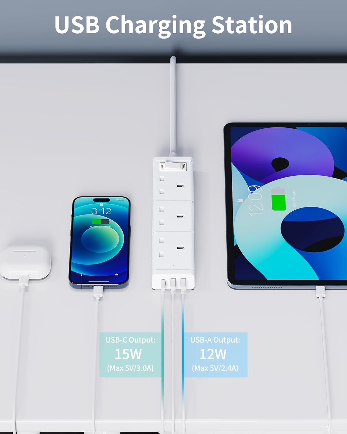 Detalle de Extension Lead with USB Slots: 3-Gang Power Strip with 2 USB-A and 1 USB-C, 1.2m Cable
