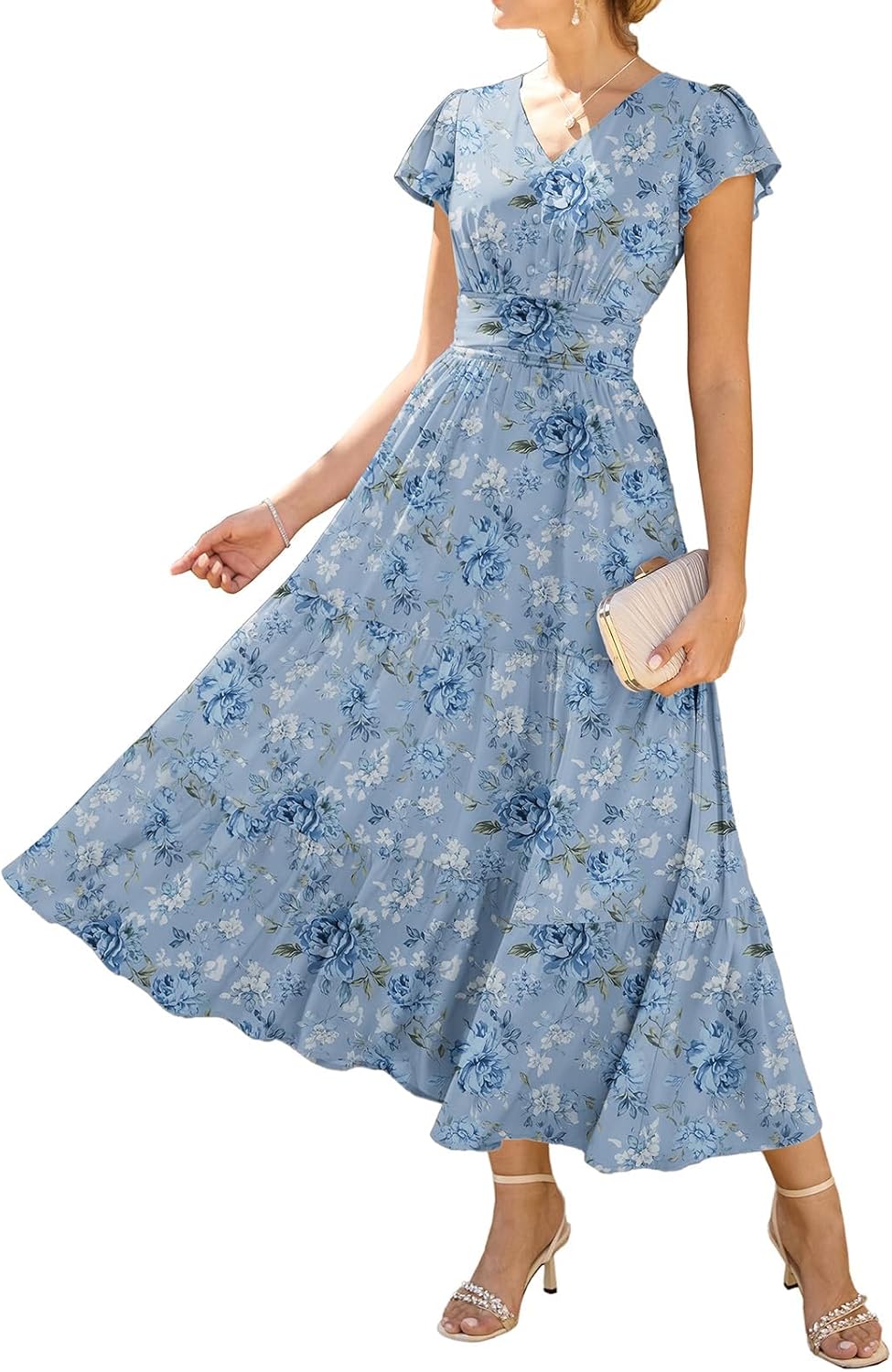 Detalle de GRACE KARIN Damen Rüschenärmel V-Ausschnitt Midikleid – A-Linie mit Blume und Taschen