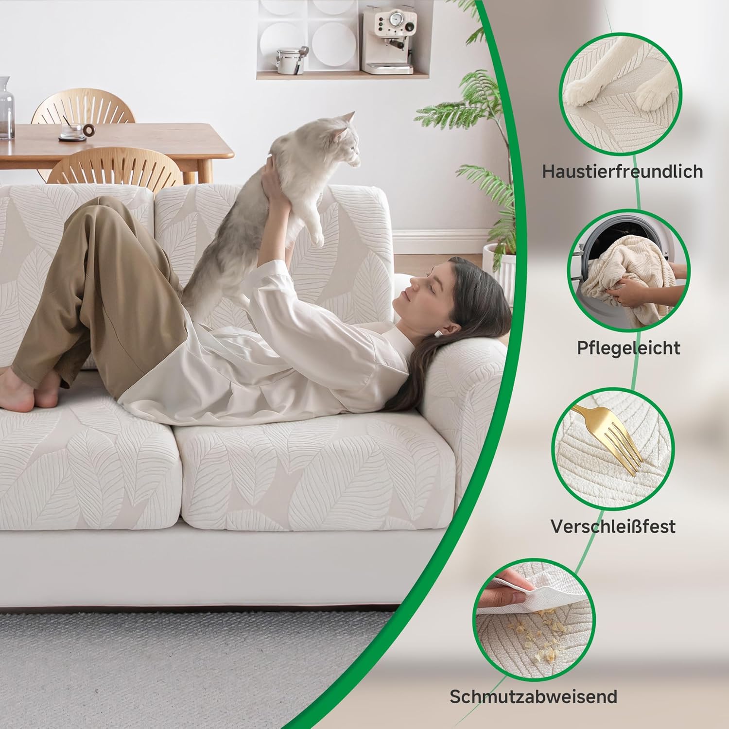 Thumbnail 2 de OHSIO Sofa Überzug – universeller elastischer Sofabezug für Sitzkissen, rutschfest & waschbar (Elfenbein/Blattmuster)