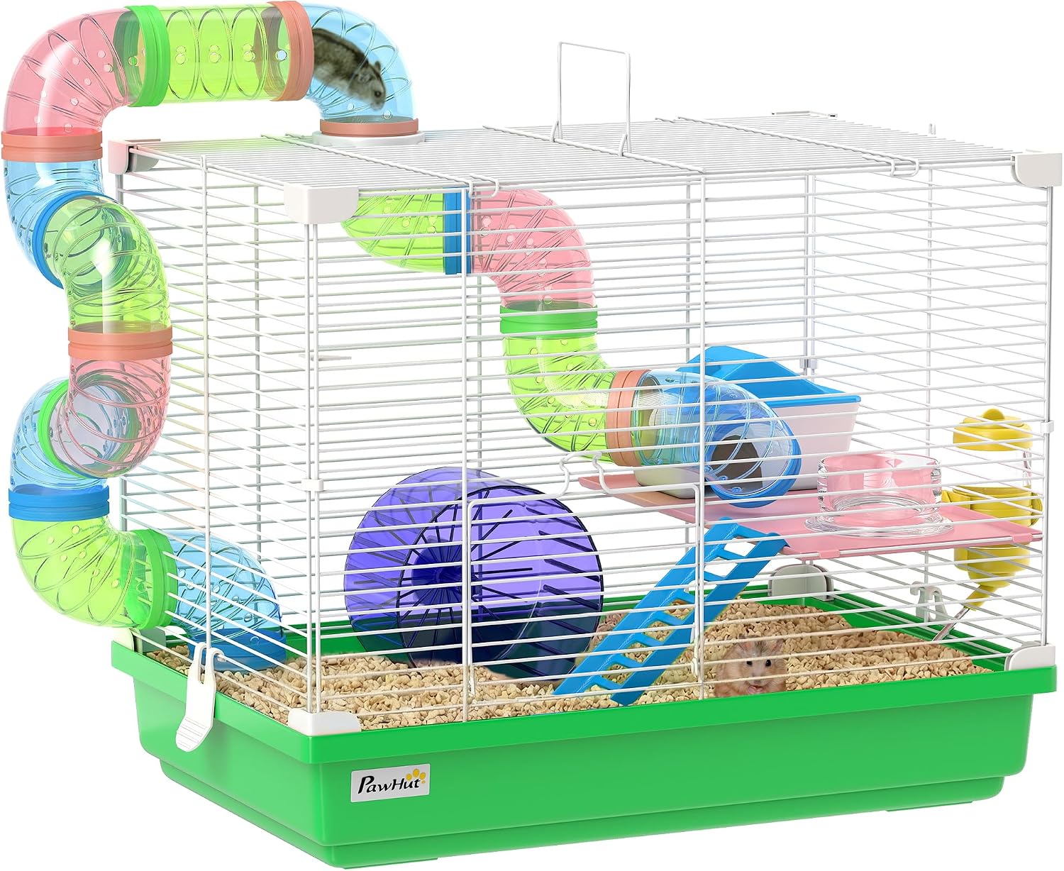Detalle de PawHut Cage à hamster rongeur 2 niveaux avec tunnel, roue et maisonnette (46 x 30 x 37 cm) – Vert