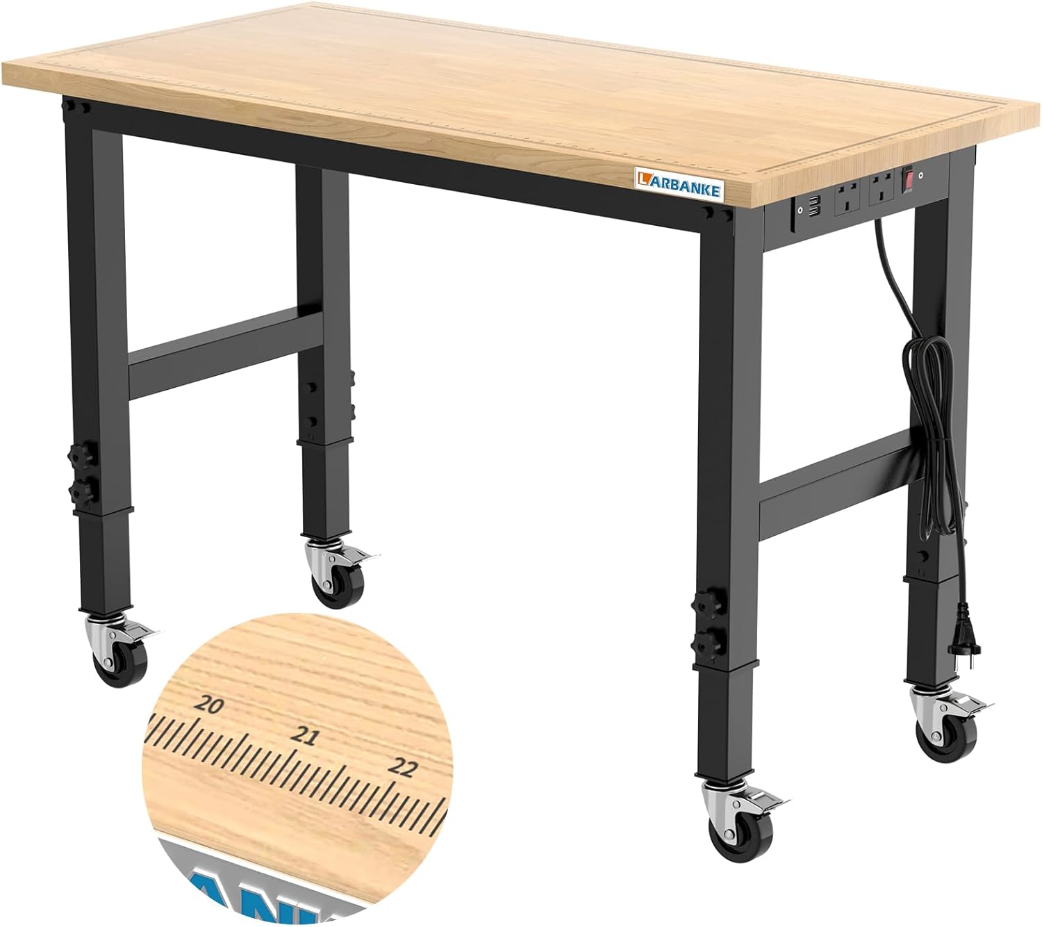 LARBANKE 120 cm heavy-duty workbench with adjustable height, rubber wood top and power strip