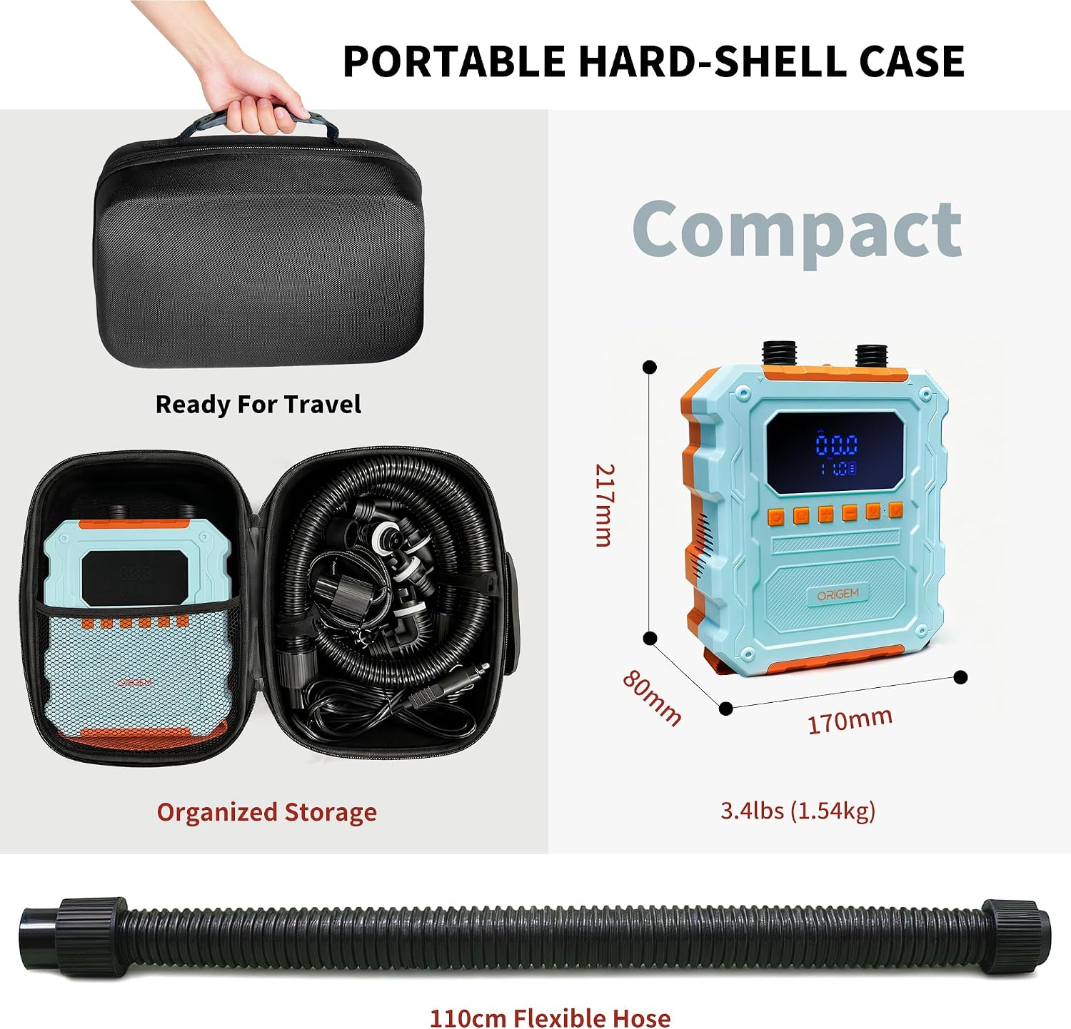 Detalle de Origem Electric Paddle Board Pump 60 PSI: Compact Power for SUPs, Tents, Cars and More