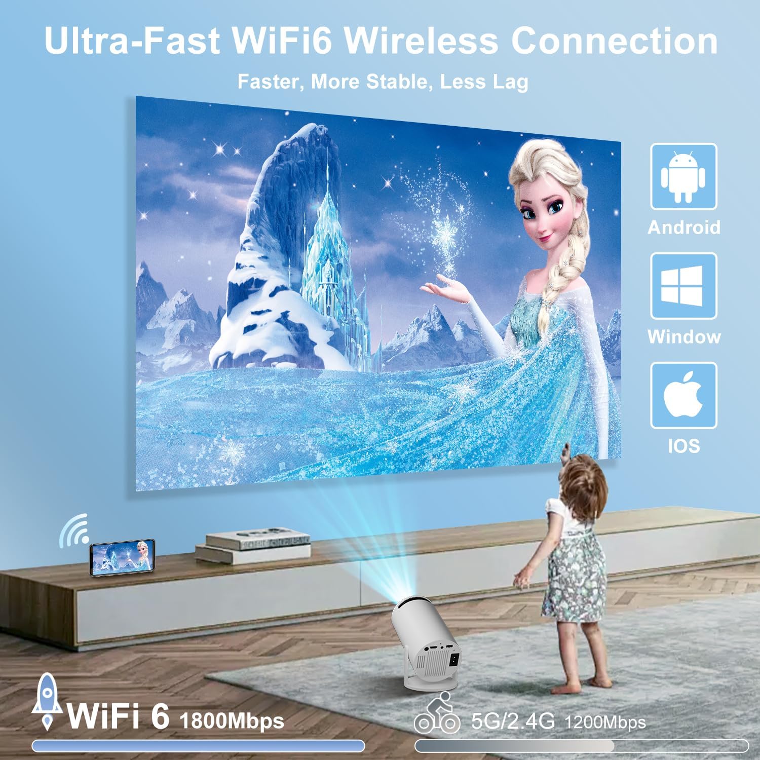 Detalle de ZDSSY Mini Projector for Bedroom: 4K/8K Support, Android 14, WiFi 6 & BT 5.4, Auto Keystone, 180° Rotation