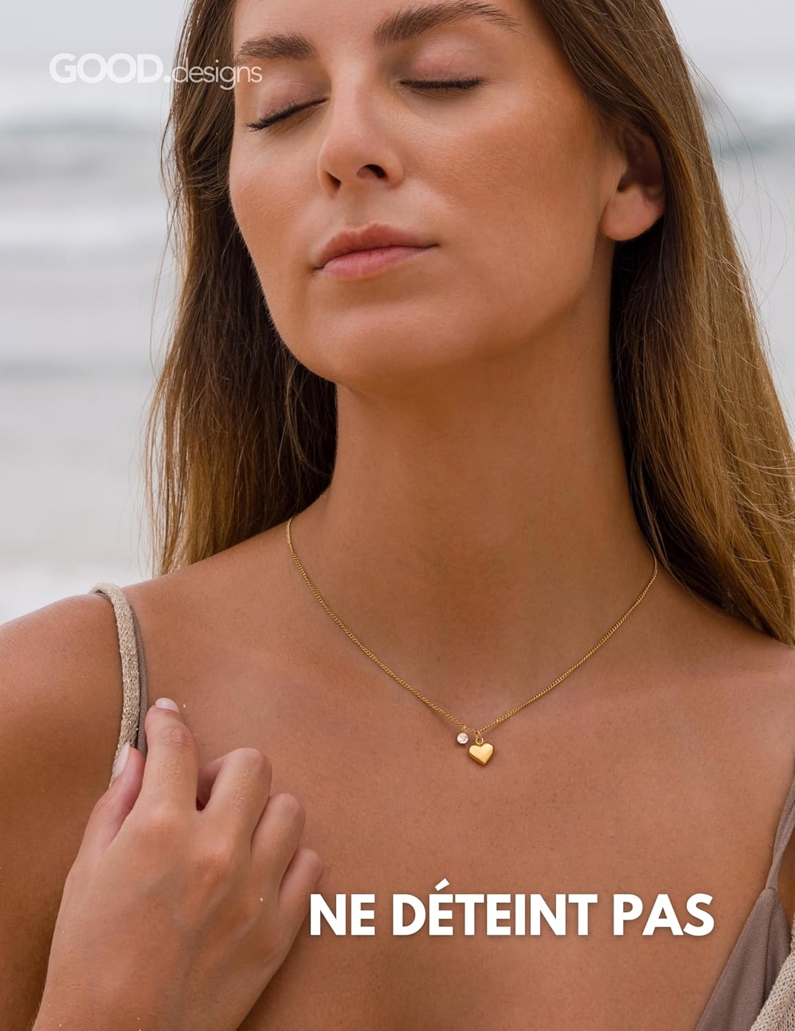 Detalle de GD GOOD.designs EST. 2015 Collier cœur avec pendentif en zircone – Acier inoxydable 316L, finition Or 18k / Or rose 18k / Argenté, longueur ajustable 42–47 cm