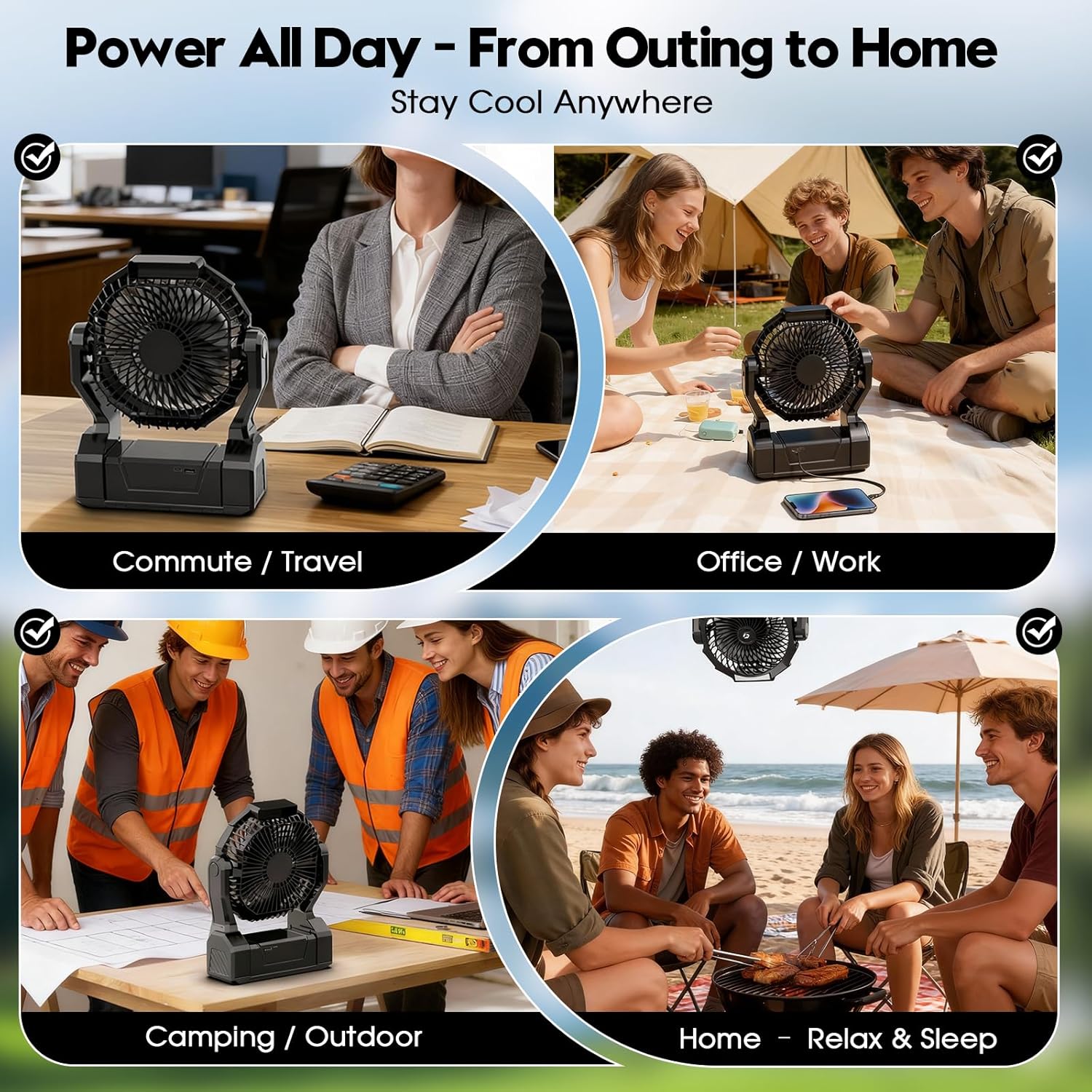 Detalle de XZK 24000mAh Rechargeable Camping Fan with LED Light — 64H Runtime, Portable Tent Fan