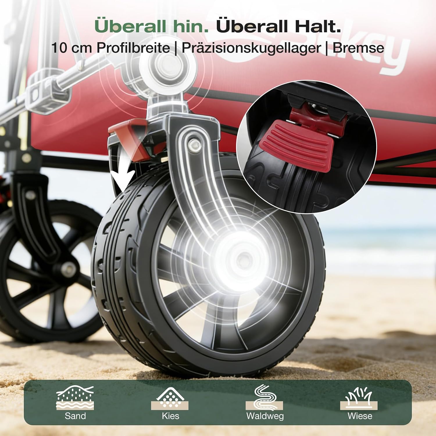 Detalle de Sekey XXXL Faltbarer Bollerwagen 300L/200kg – All-Terrain mit Extra Breite, 4-Wege Aufbau, Rot-Grau