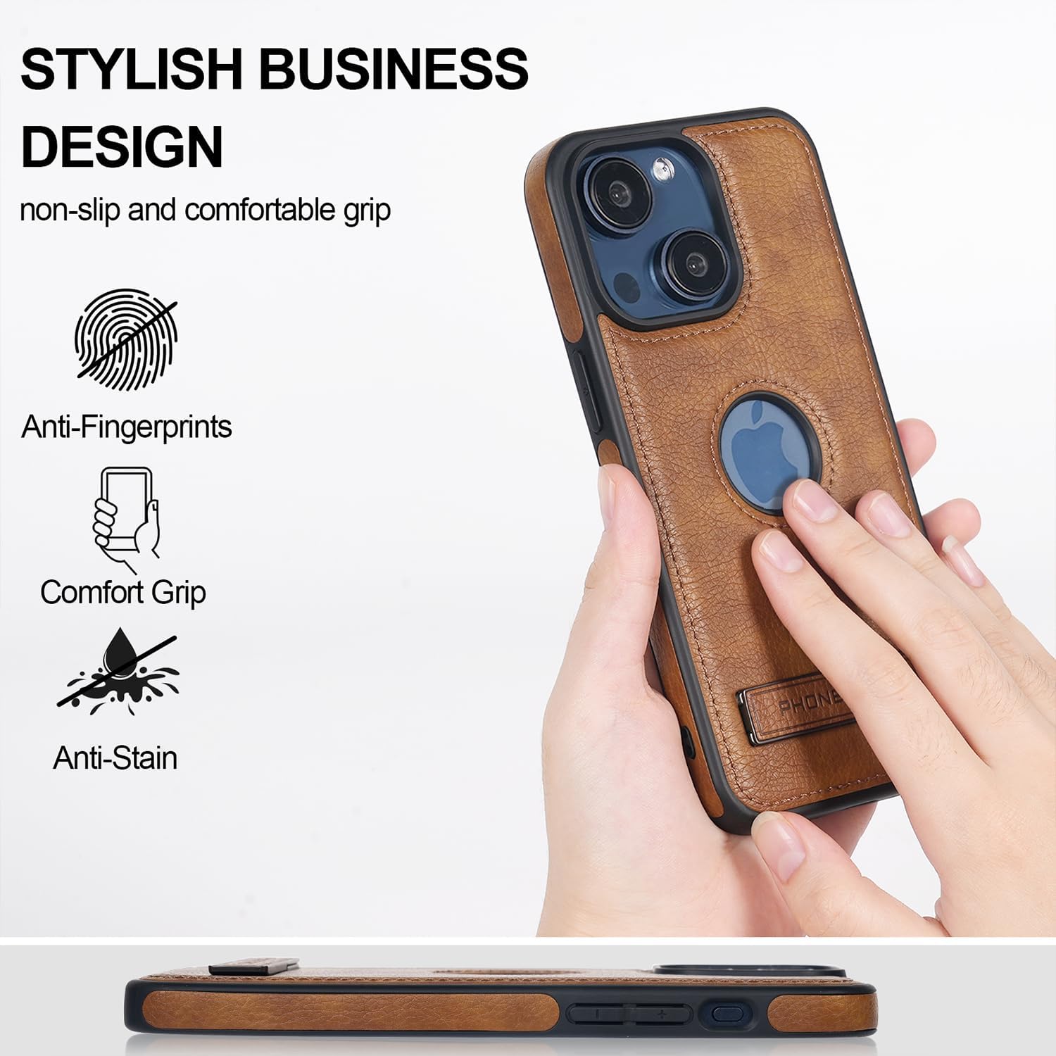 Detalle de KSELF Leather Case for iPhone 15 (6.1-inch) — Thin, Flexible Soft-Grip Brown Cover with Metal Kickstand