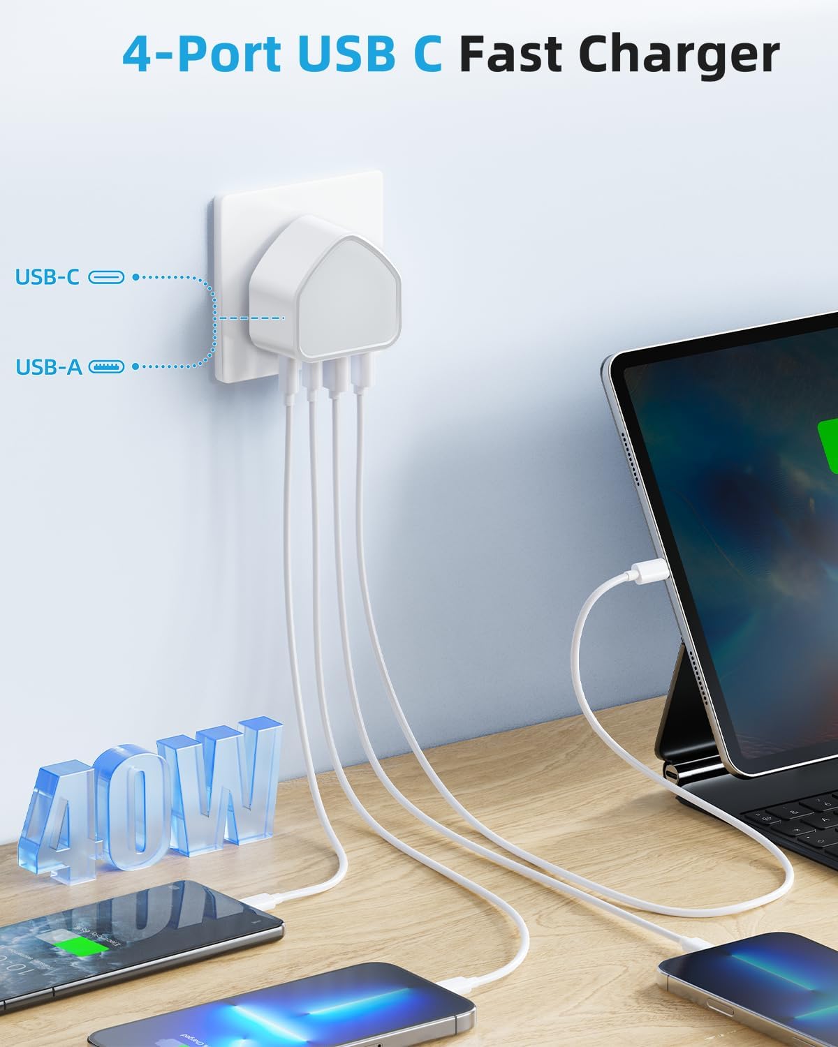 Detalle de 40W 4‑Port USB‑C Charger UK plug