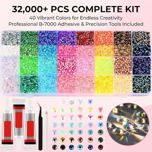 Detalle 2 de 32000 Pcs Bedazzling Kit with Glue – Zhaohyjianm 40 Colour Resin Jellies with Glue, Tweezers and Pick-up Pen