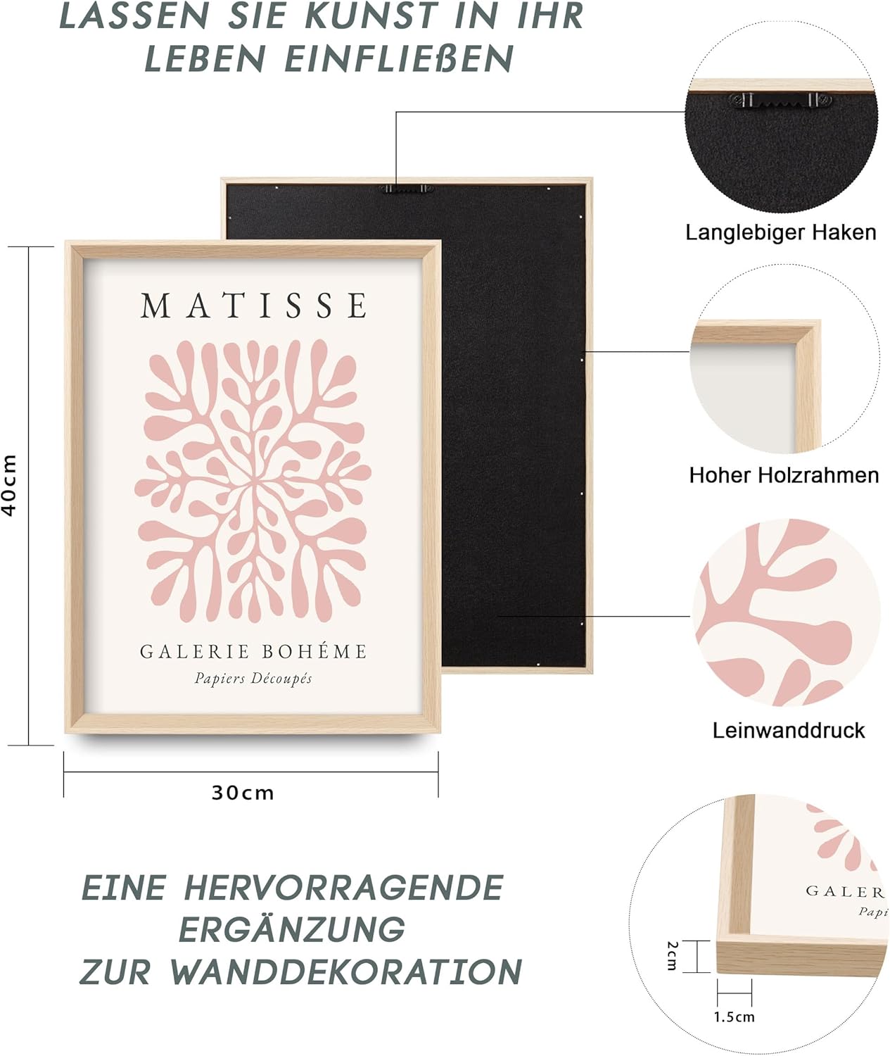 Thumbnail 2 de HesenDot Matisse Wandbilder Set 30x40cm – Rosa Abstrakt im 3er-Set mit Holzrahmen