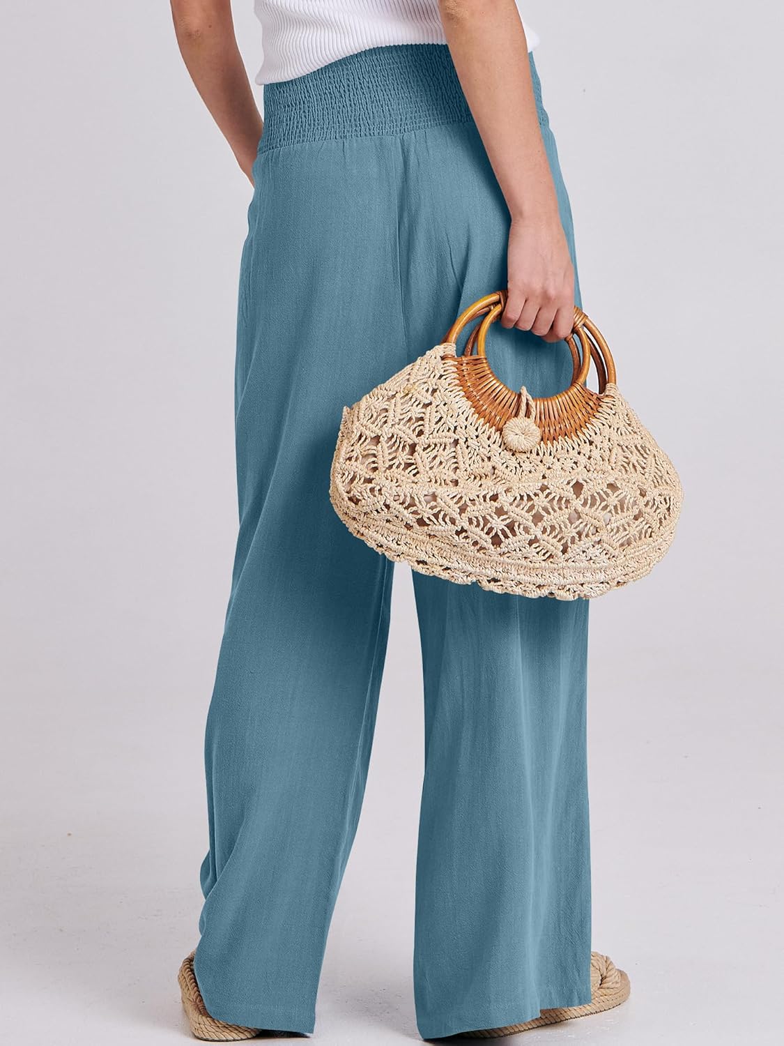 Thumbnail 4 de ANRABESS Women’s Linen Palazzo Pants (Smocked High Waist, Wide-Leg, Pockets) for Summer Beach & Travel