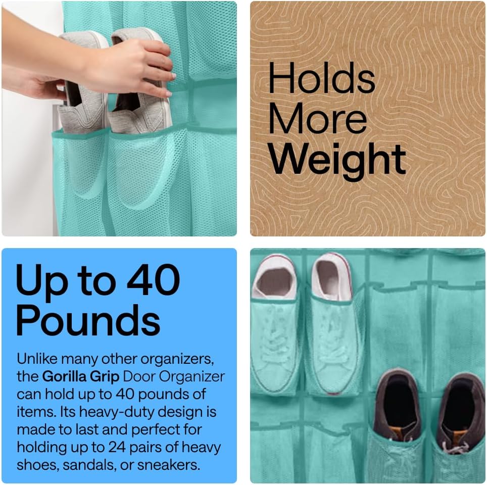 Thumbnail 2 de Gorilla Grip Large Over-the-Door Shoe Organizer with Breathable Mesh (24 Pockets) — Up to 40 lb, Turquoise (1-Pack)