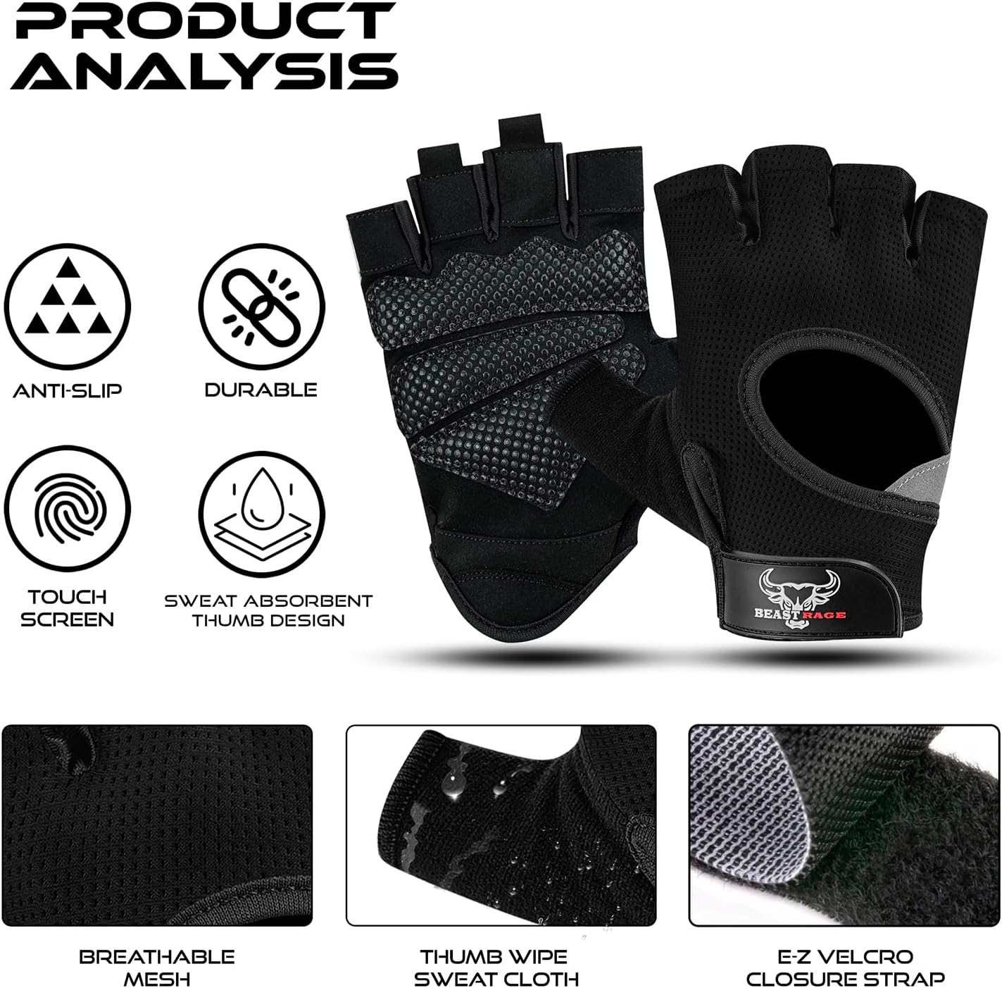 Thumbnail 1 de BEAST RAGE Fingerless Workout Gloves