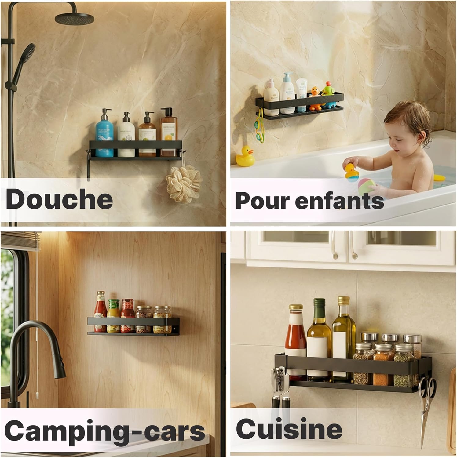 Thumbnail 5 de Minismus étagère douche sans percage – rangement durable avec barre de sécurité et crochets mobiles