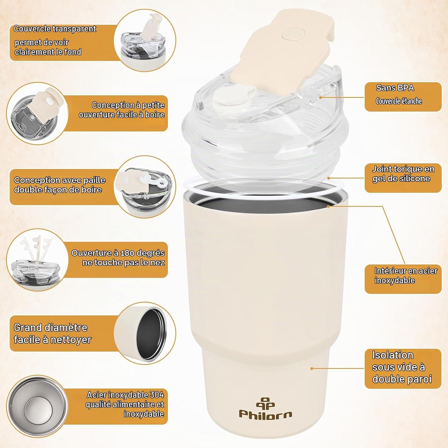 Detalle de PHILORN 92CM-SI-9WP thermobeker van 400 ml, dubbelwandig, wit