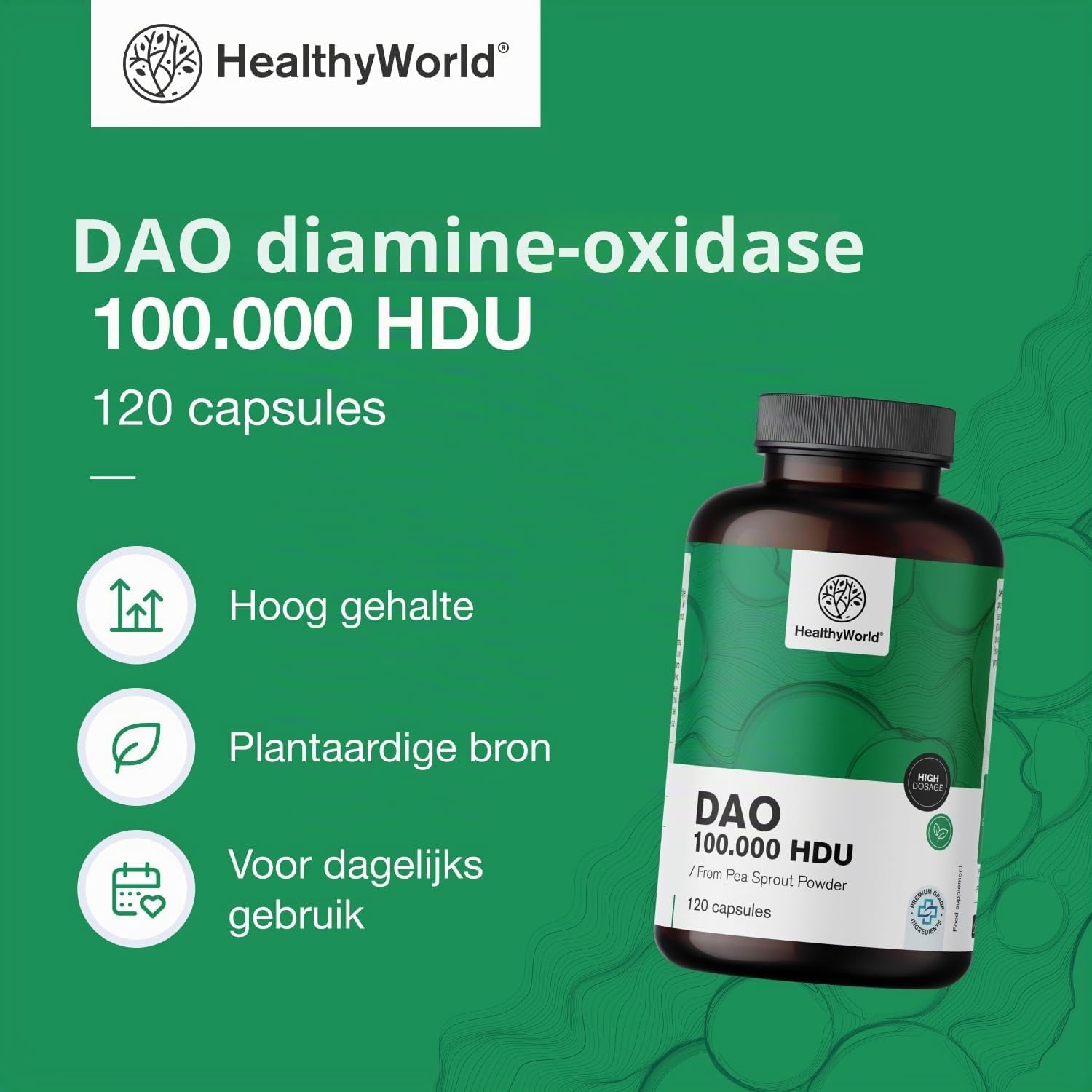 Detalle 2 de HealthyWorld DAO Diamine Oxidase-capsules, 100.000 HDU, vegan, 120 stuks