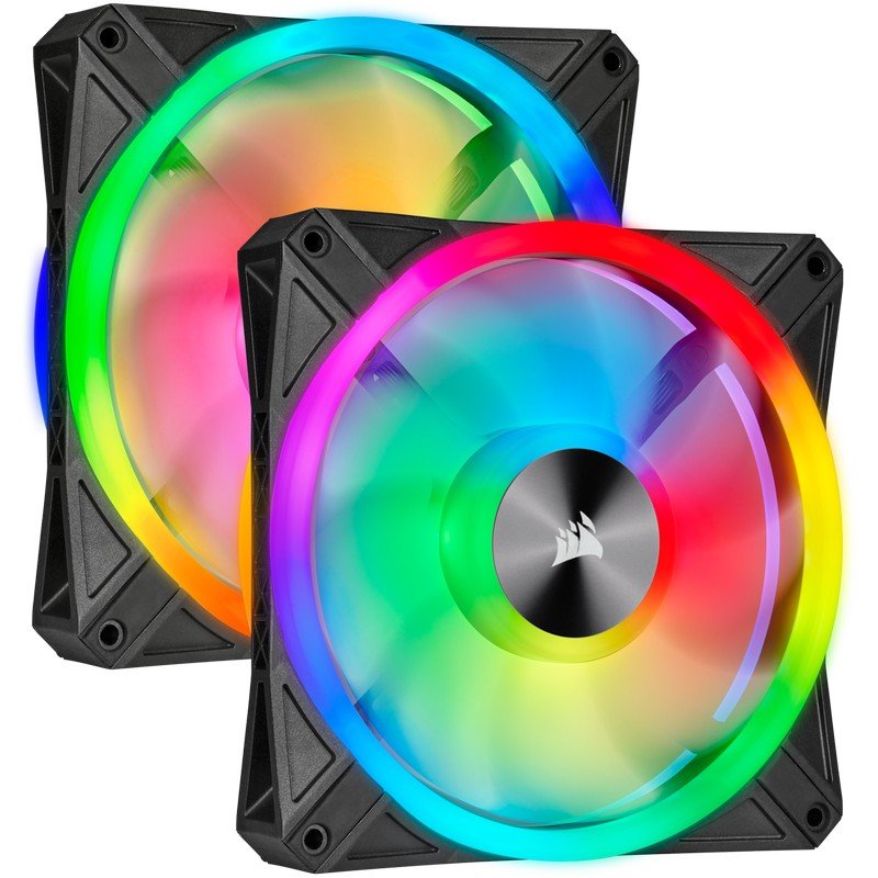 Detalle de Corsair iCUE QL140 RGB PWM Dual Fan con Lighting Node Core (negro) — ventiladores RGB de 140 mm