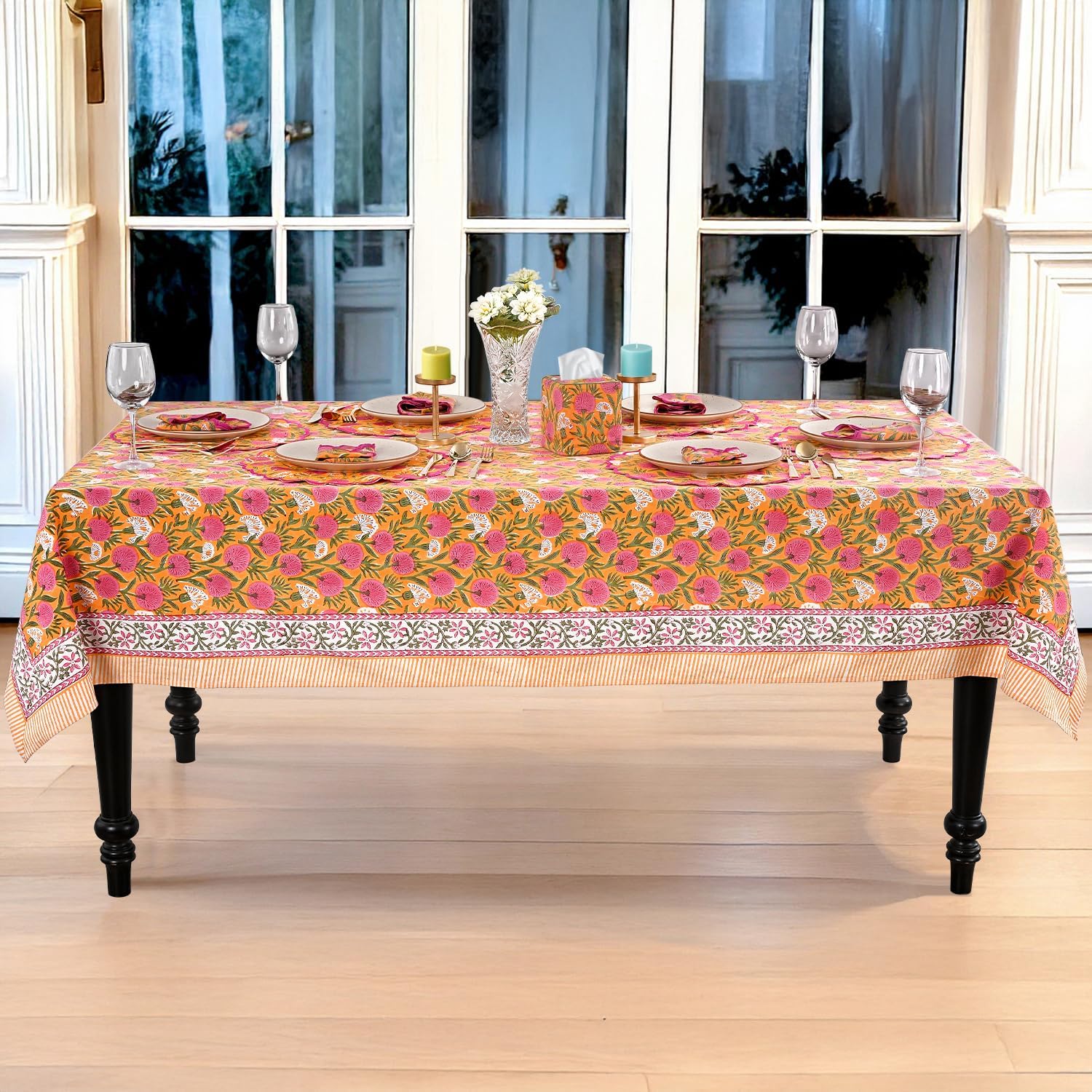 Thumbnail 6 de Ridhi Bubblegum Pink Hand Block Print Cotton Rectangle Tablecloth — 108" x 70