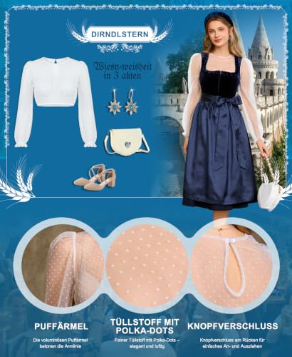 Detalle 2 de DIRNDLSTERN Bluse Damen Langarm – Transparente Trachtenbluse mit Punkten, Puffärmel, für Oktoberfest