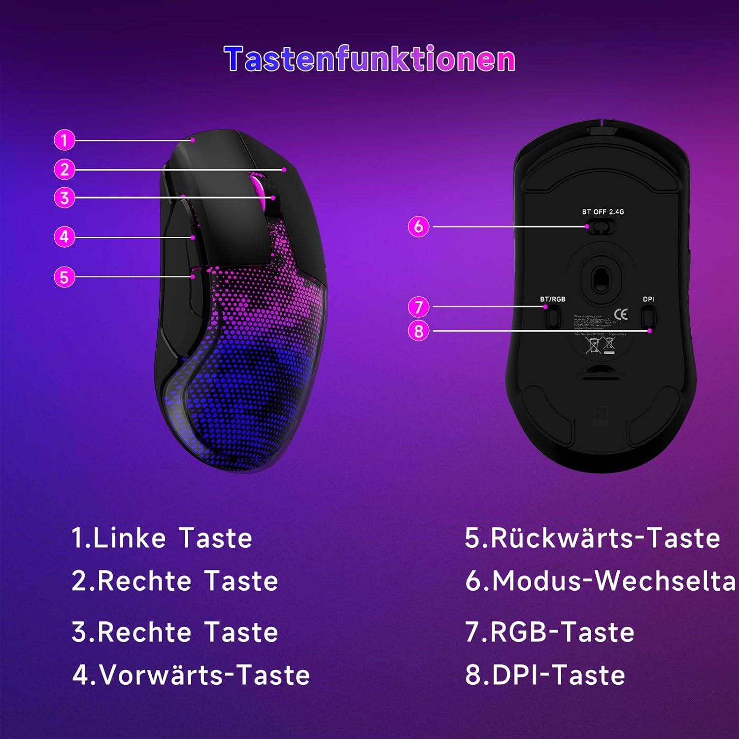 Thumbnail 6 de Gaming Maus Kabellos – 12K DPI, Bluetooth 5.3, 86 g, RGB, 6 Tasten